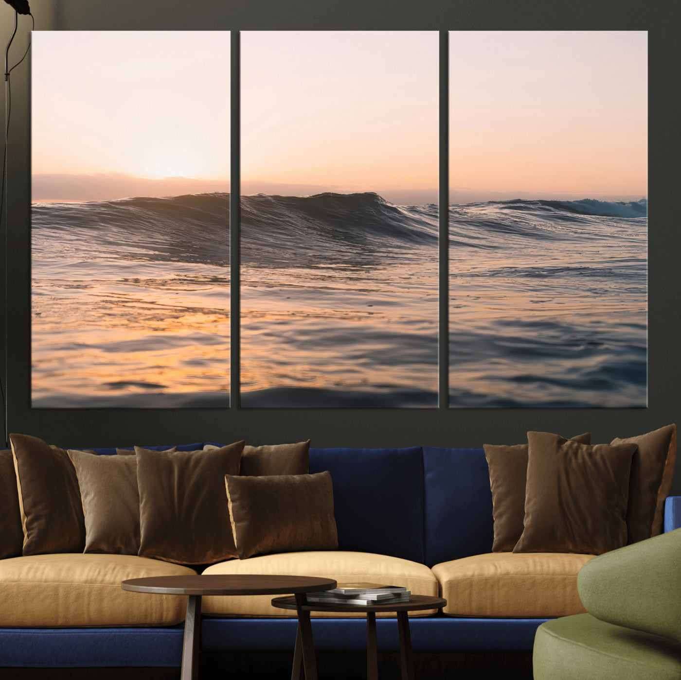 46299358-MGV-CV-36X24-Sunset Waves Wall Art Canvas Print, Framed Ocean Horizon Art Picture Print, Golden Water Perfect Golden Hour Coastal Decor Artwork