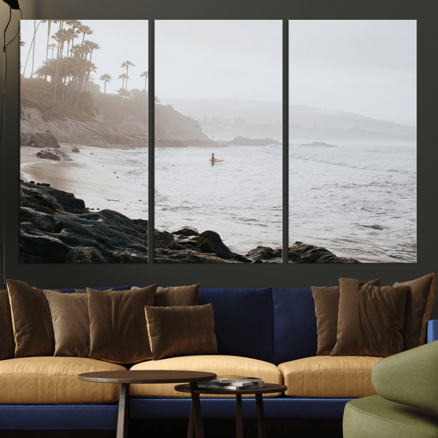 62501405-MGV-CV-36X24-Misty Beach Wall Art Canvas Print, Framed California Surfer Art Picture Print, Coastal Cliff Perfect Coastal Beach Decor Artwork