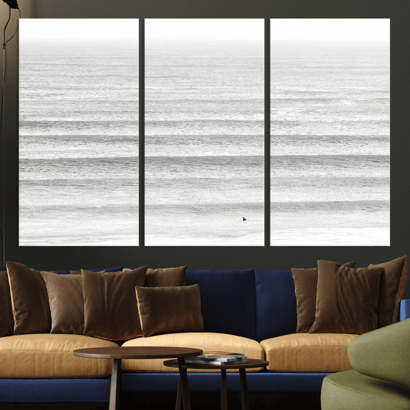 66534476-MGV-CV-36X24-Lone Surfer Wall Art Canvas Print, Framed Ocean Waves Art Picture Print, Minimal Sea Perfect Minimal Coastal Decor Artwork