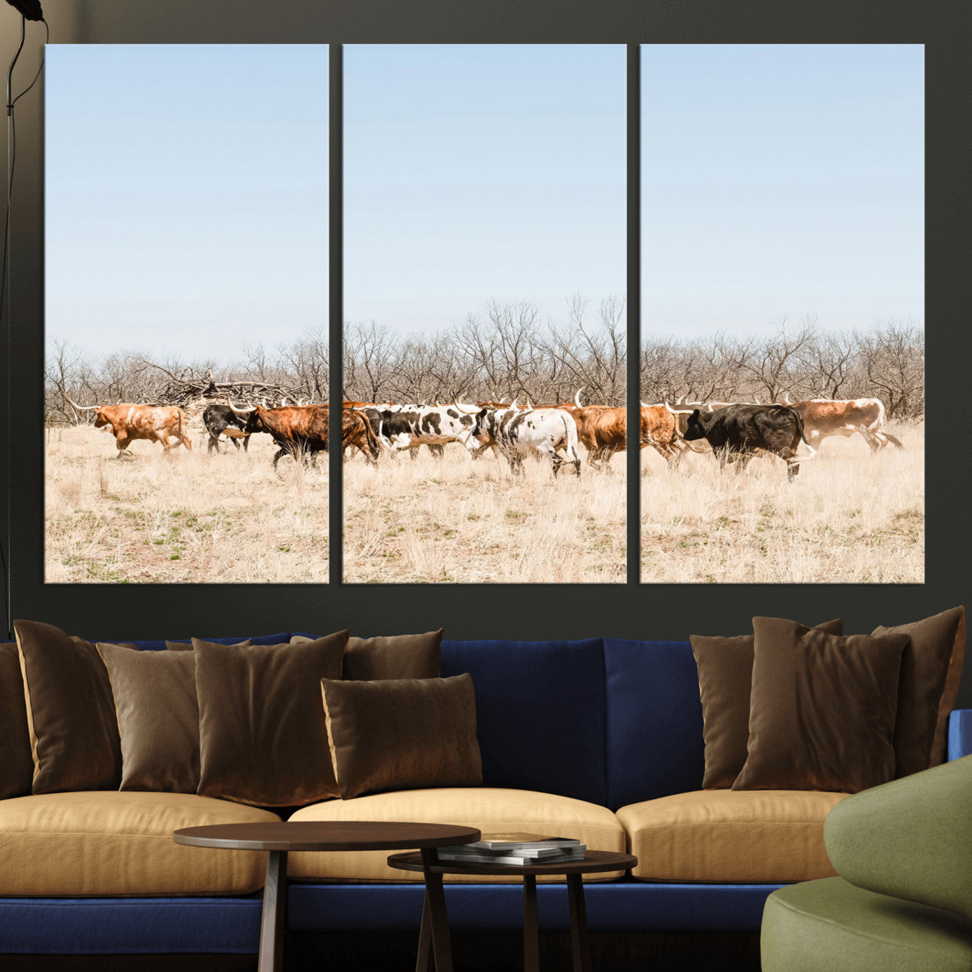 16563092-MGV-CV-36X24-Texas Longhorns Wall Art Canvas Print, Framed Western Cattles Art Picture Print, Rustic Herd Perfect Rustic Farmhouse Decor