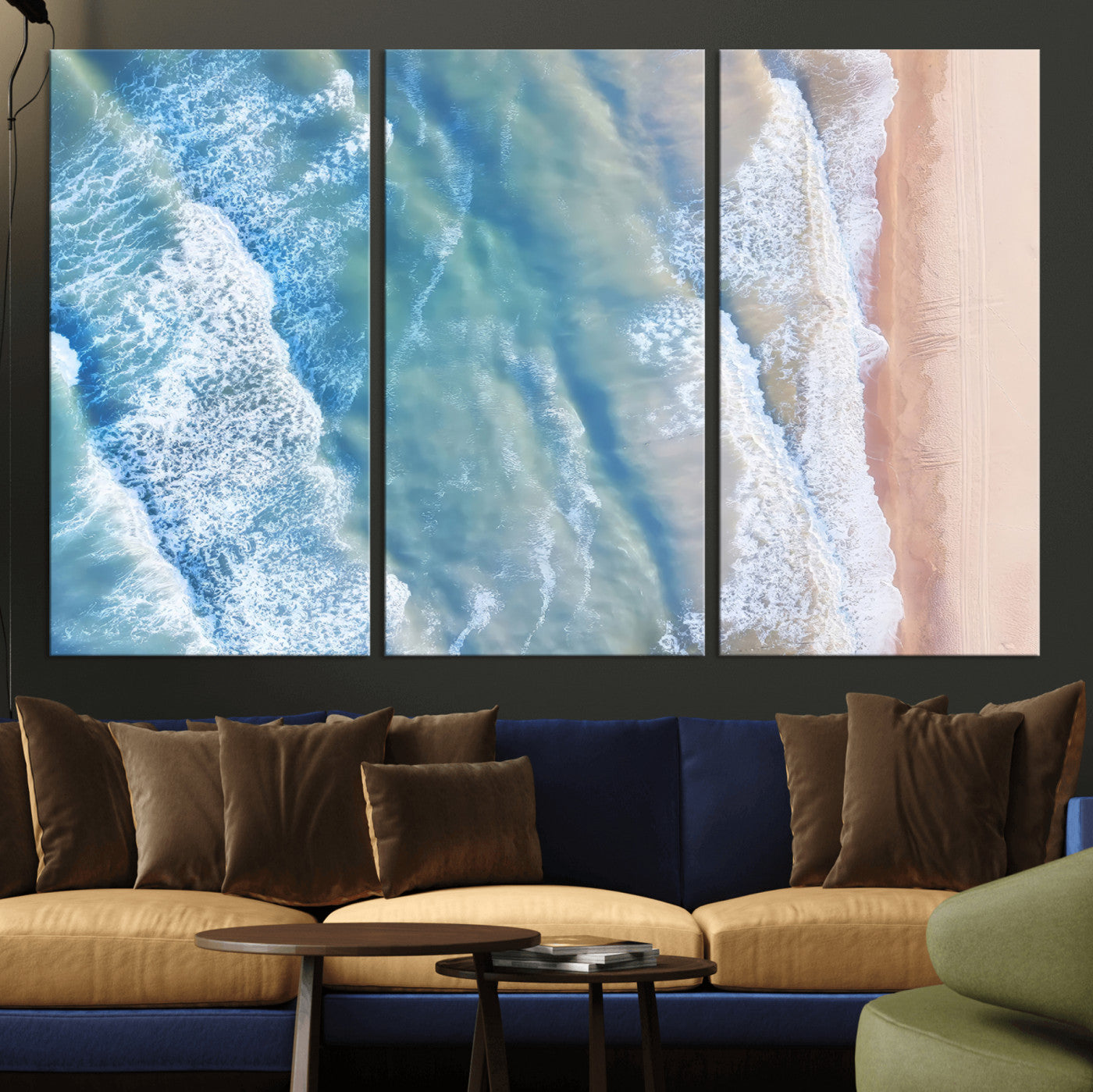 17641845-MGV-CV-36X24-Aerial Ocean Wall Art Canvas Print, Framed Blue Waves Art Picture Print, Sandy Shoreline Perfect Modern Coastal Decor Artwork
