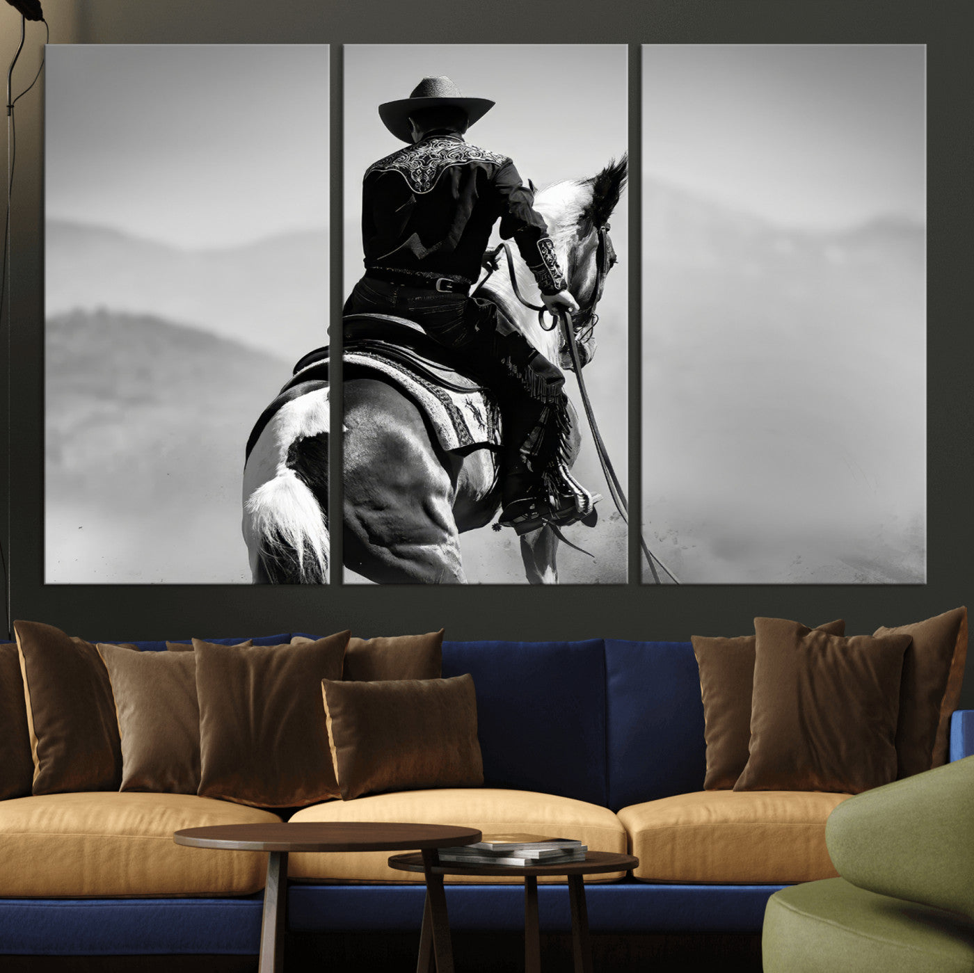 83102464-MGV-CV-36X24-Western Cowboy Wall Art Canvas Print, Framed Monochrome Horse Art Picture Print, Western Equestrian Perfect Rustic Western Decor