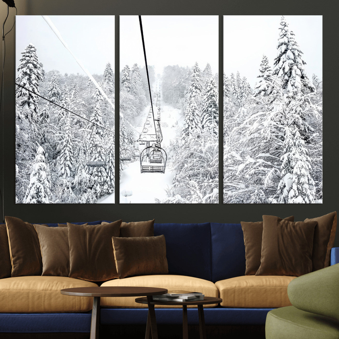 44705668-MGV-CV-36X24-Winter Forest Wall Art Canvas Print, Framed Snowy Forest Art Picture Print, Ski Lift Perfect Scandinavian Decor Artwork