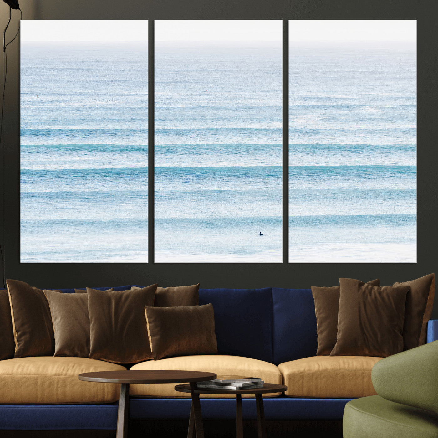 77145995-MGV-CV-36X24-Ocean Simplicity Wall Art Canvas Print, Framed Surfer on Water Art Picture Print, Light Blue Perfect Coastal Minimalist Decor