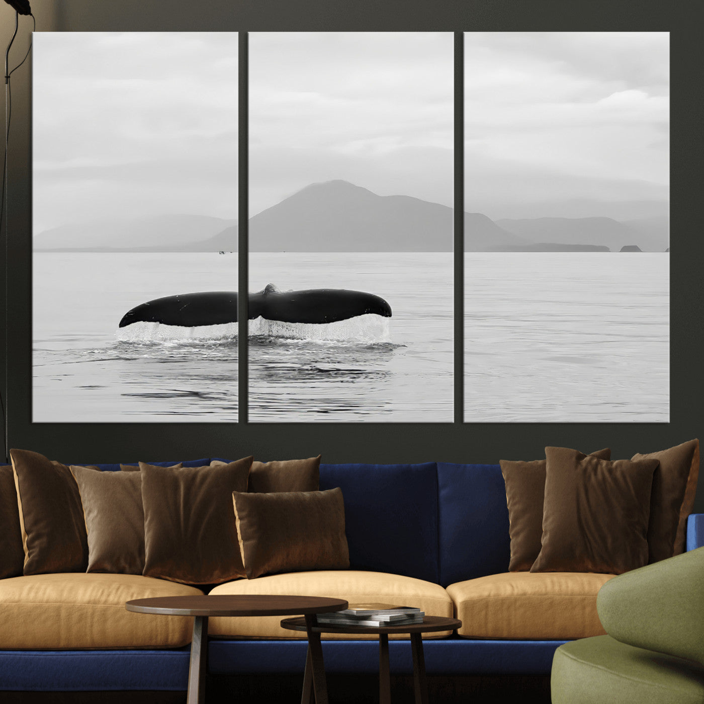 30524220-MGV-CV-36X24-Whale Tail Wall Art Canvas Print, Framed Black White Ocean Art Picture Print, Calm Marine Perfect Minimalist Coastal Decor Artwork