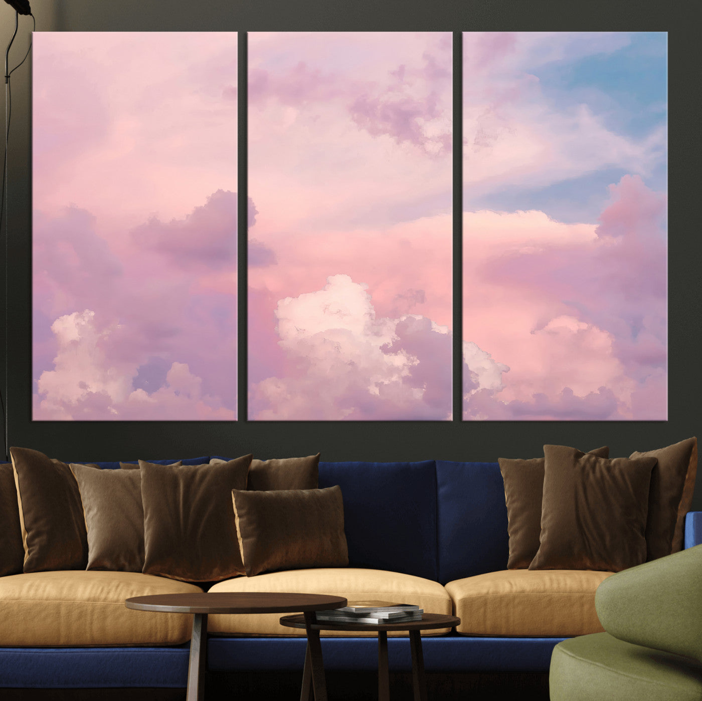 22874890-MGV-CV-48X32-3P-Pastel Sky Wall Art Canvas Print, Framed Dreamy Cloudscape Art Picture Print, Sunset Glow Perfect Minimalist Serenity Decor