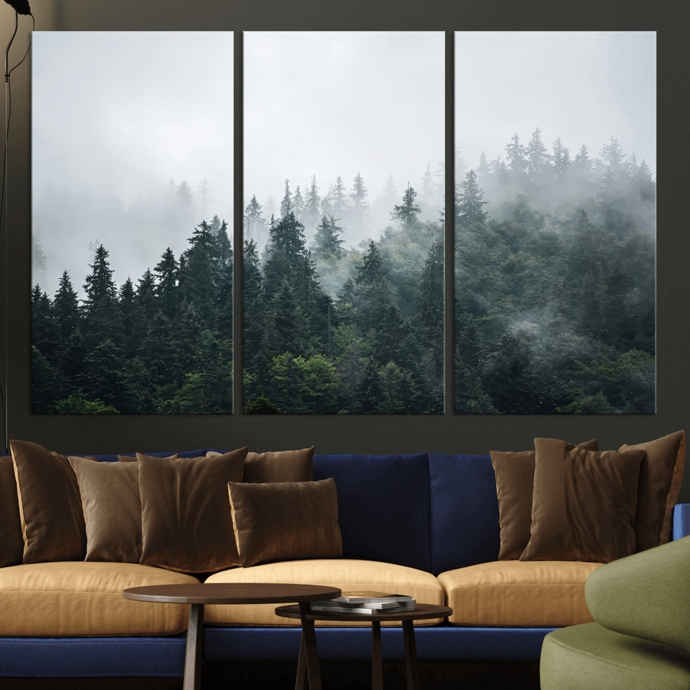 84146572-MGV-CV-48X32-3P-Foggy Pine Trees Wall Art Canvas Print, Framed Forest Nature Art Picture Print, Evergreen Forest Perfect Scandinavian Minimalist