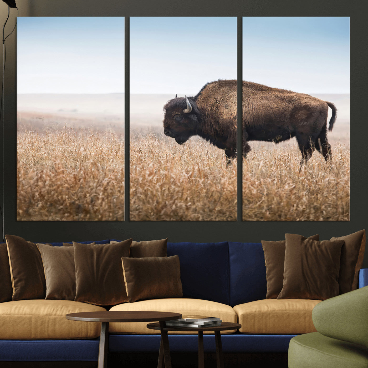 99620201-MGV-CV-36X24-Wild Bison Wall Art Canvas Print, Framed Bison in Prairie Art Picture Print, Rustic Western Perfect Rustic Western Decor Artwork