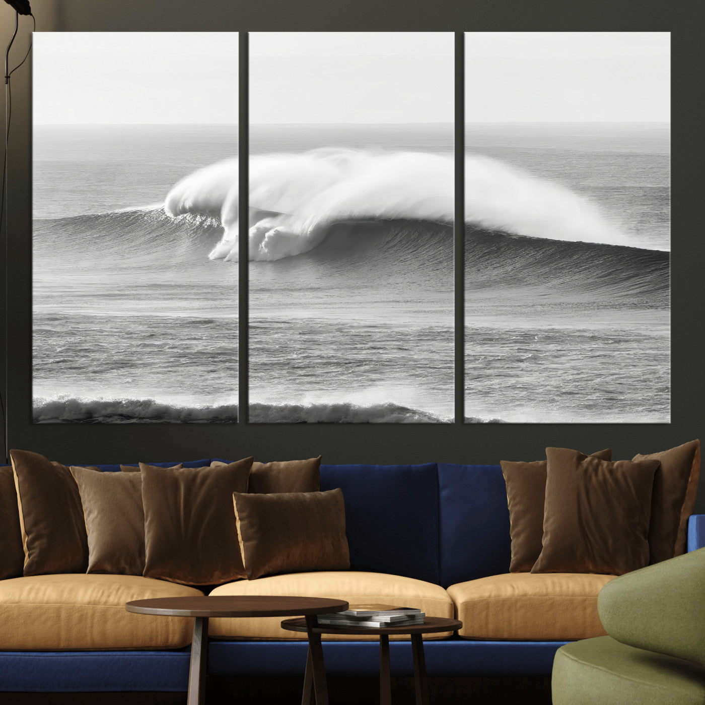 42544082-MGV-CV-48X32-3P-Monochrome Seascape Wall Art Canvas Print, Framed Surf Wave Art Picture Print, Minimalist Ocean Perfect Moody Coastal Decor