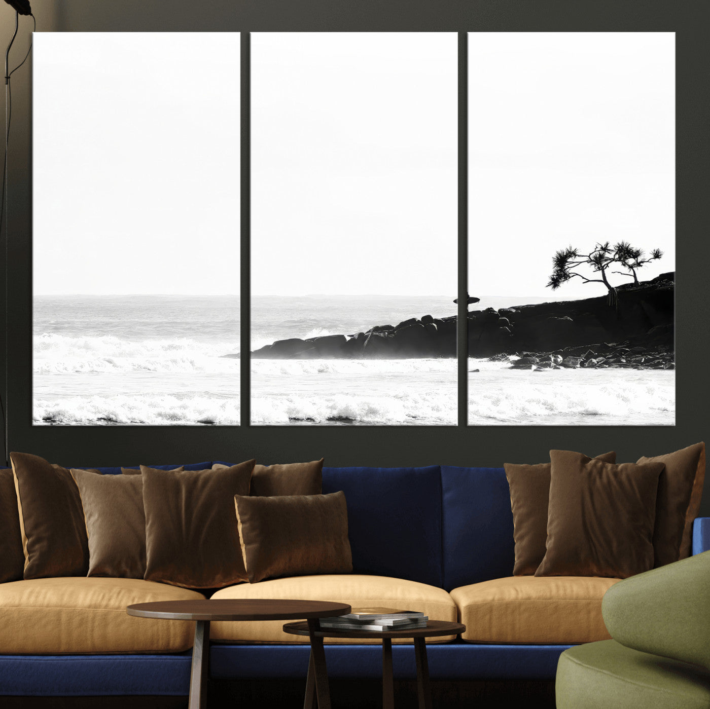 40875891-MGV-CV-36X24-SurferCliffs Wall Art Canvas Print, Framed Black White Beach Art Picture Print, Ocean Waves Perfect Minimalist Coastal Decor