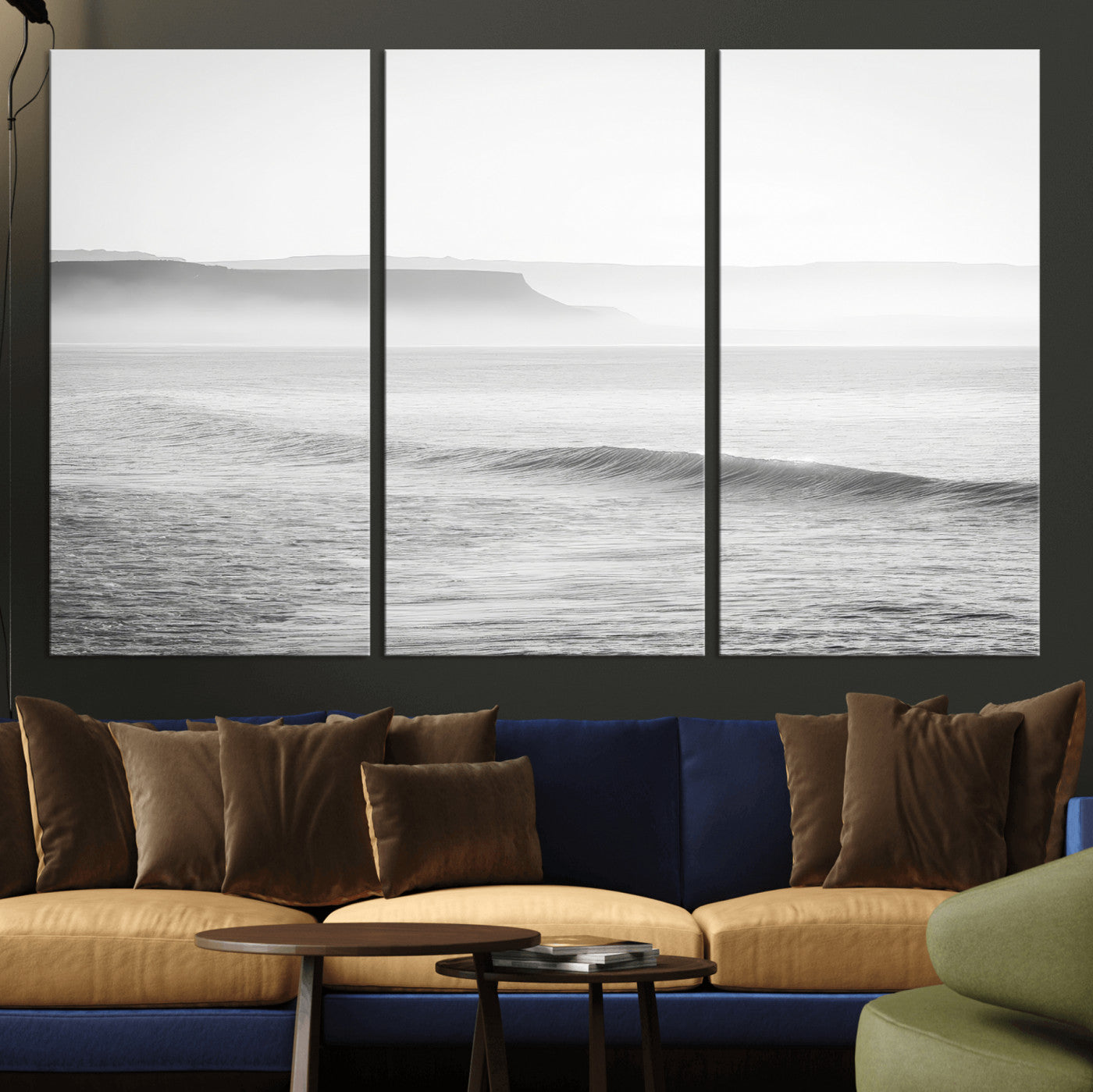 60635783-MGV-CV-36X24-Black White Seascape Wall Art Canvas Print, Framed Ocean Waves Art Picture Print, Misty Coastal Perfect Minimalist Coastal Decor