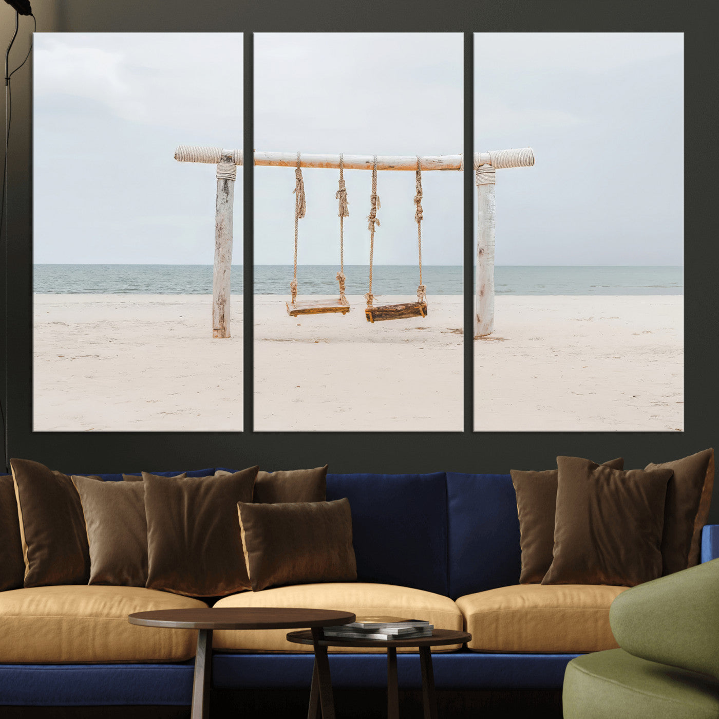 68327283-MGV-CV-36X24-Beach Swing Wall Art Canvas Print, Framed Quiet Beach Art Picture Print, Calm Shoreline Perfect Bohemian Coastal Decor Artwork