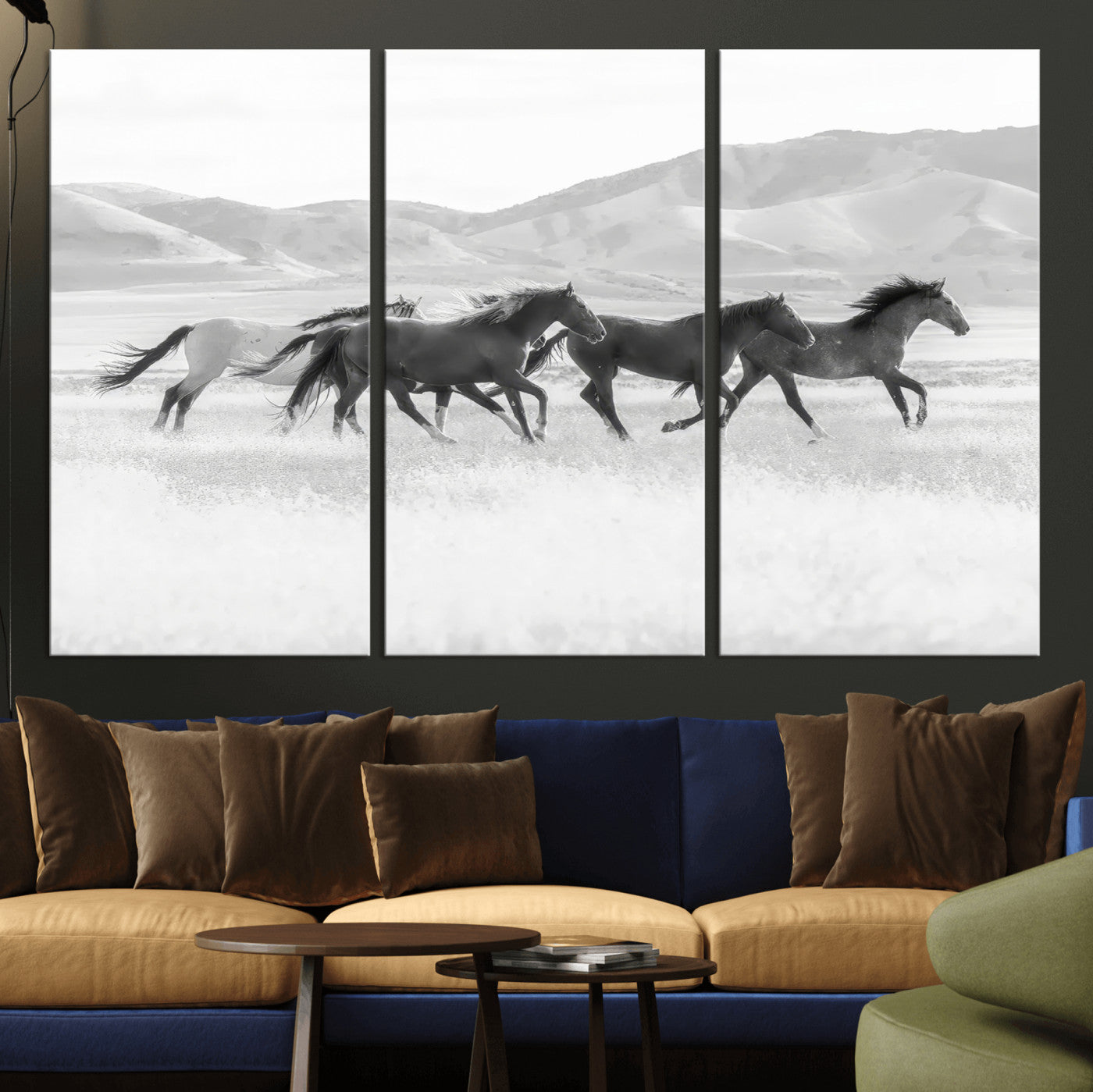69934913-MGV-CV-36X24-Wild Horses Running Wall Art Canvas Print, Framed Black White Mustangs Art Picture Print, Rustic Western Perfect Rustic Western