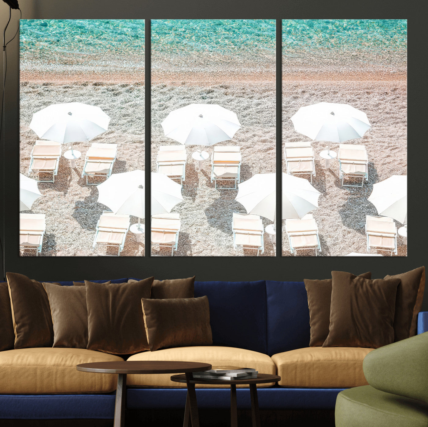 83736167-MGV-CV-36X24-Calm Beach Wall Art Canvas Print, Framed Turquoise Water Art Picture Print, Umbrella Shoreline Perfect Coastal Minimalist Decor