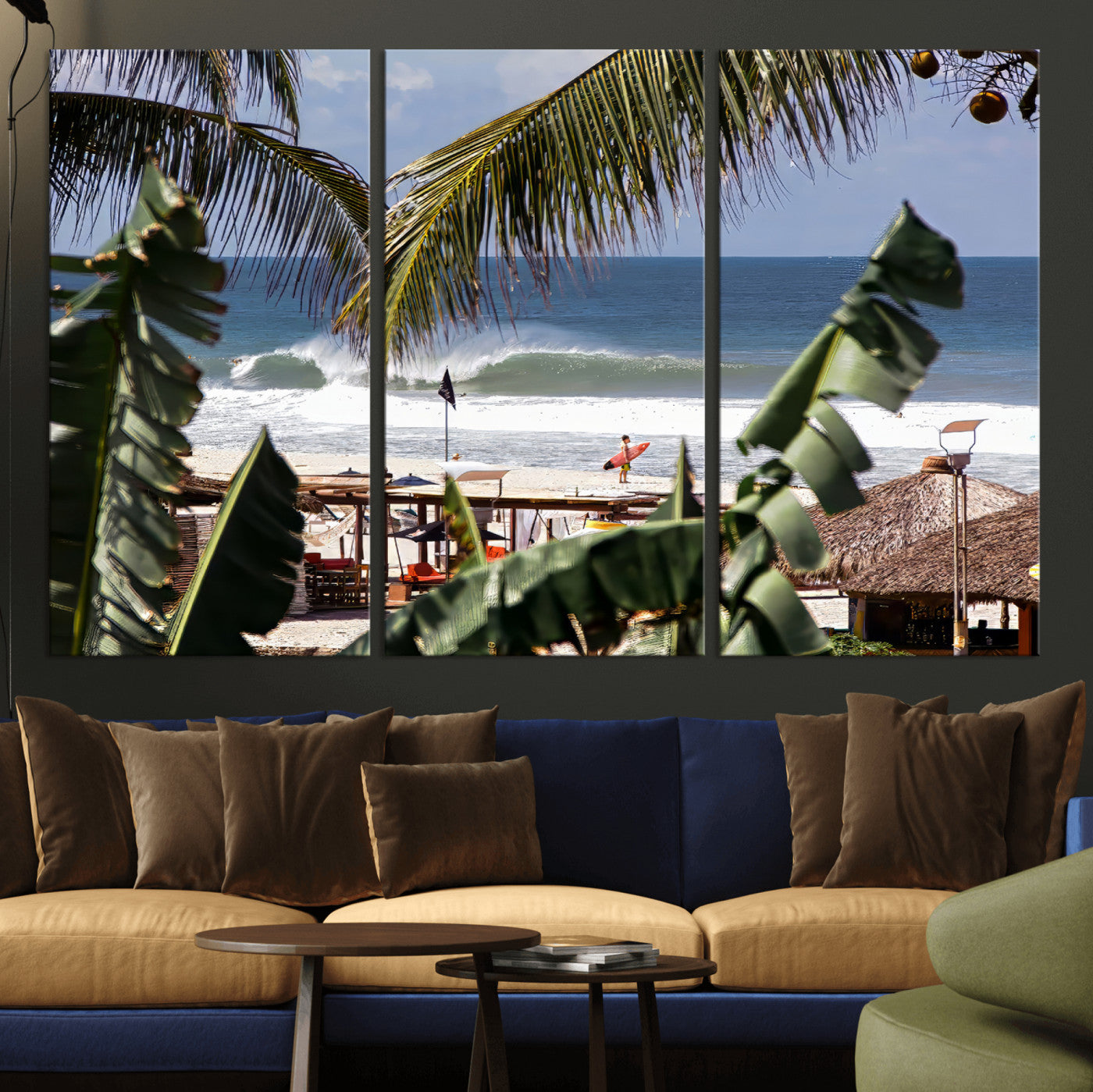 34722557-MGV-CV-36X24-Tropical Shoreline Wall Art Canvas Print, Framed Surfer Beach Art Picture Print, Coastal Surf Perfect Tropical Coastal Decor