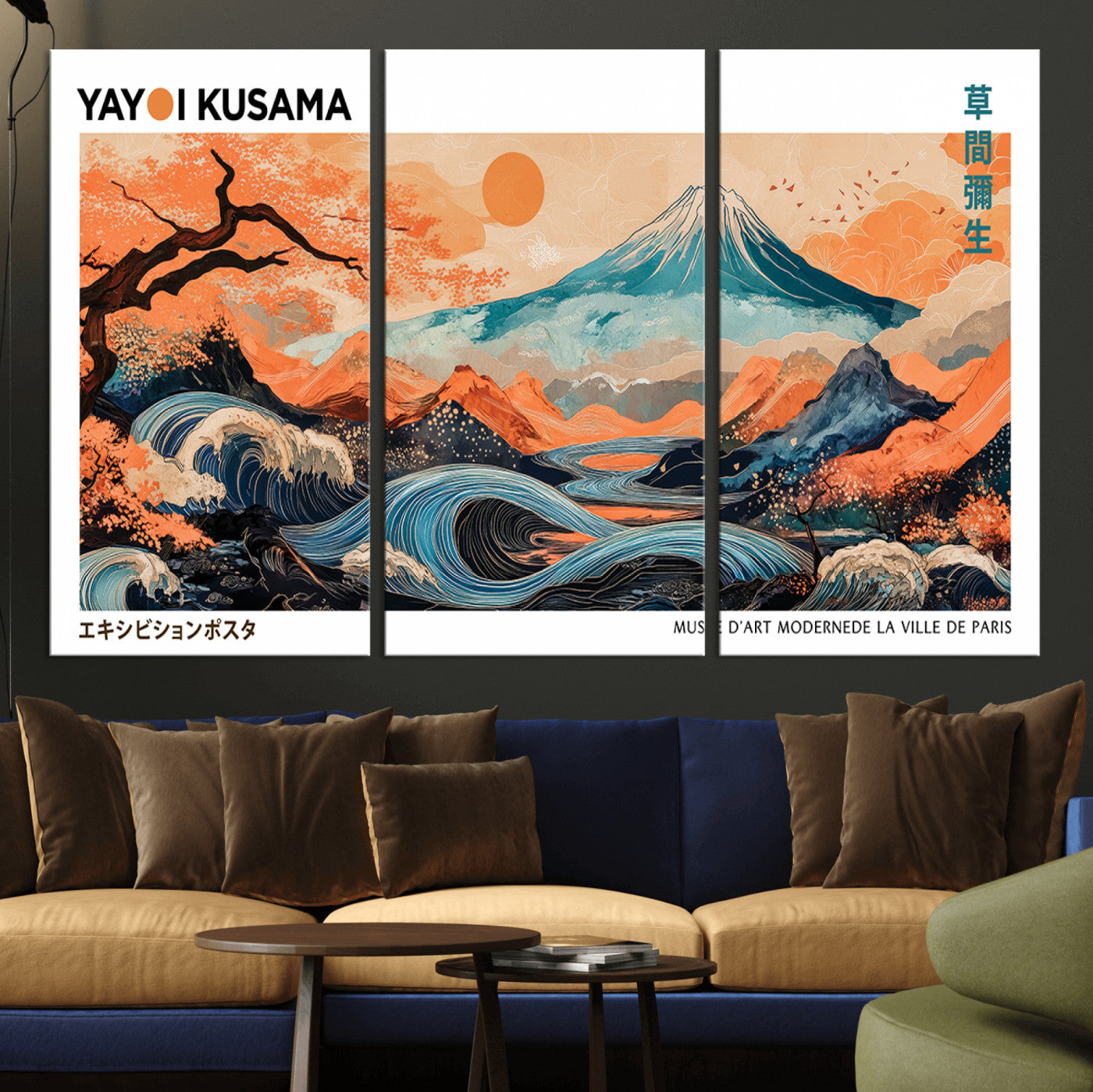 88785870-MGV-CV-36X24-Japanese Great Wave & Mt Fuji Wall Art – Ukiyo e Style Landscape Print with Flowing River, Autumn Mountain Poster, Oriental Asian