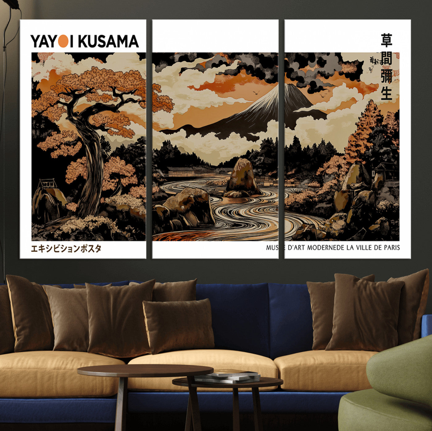 96372548-MGV-CV-36X24-Japanese Landscape Wall Art Print – Mt. Fuji Poster with Bonsai Tree & River, Ukiyo-e Inspired Modern Japanese Artwork, Autumn