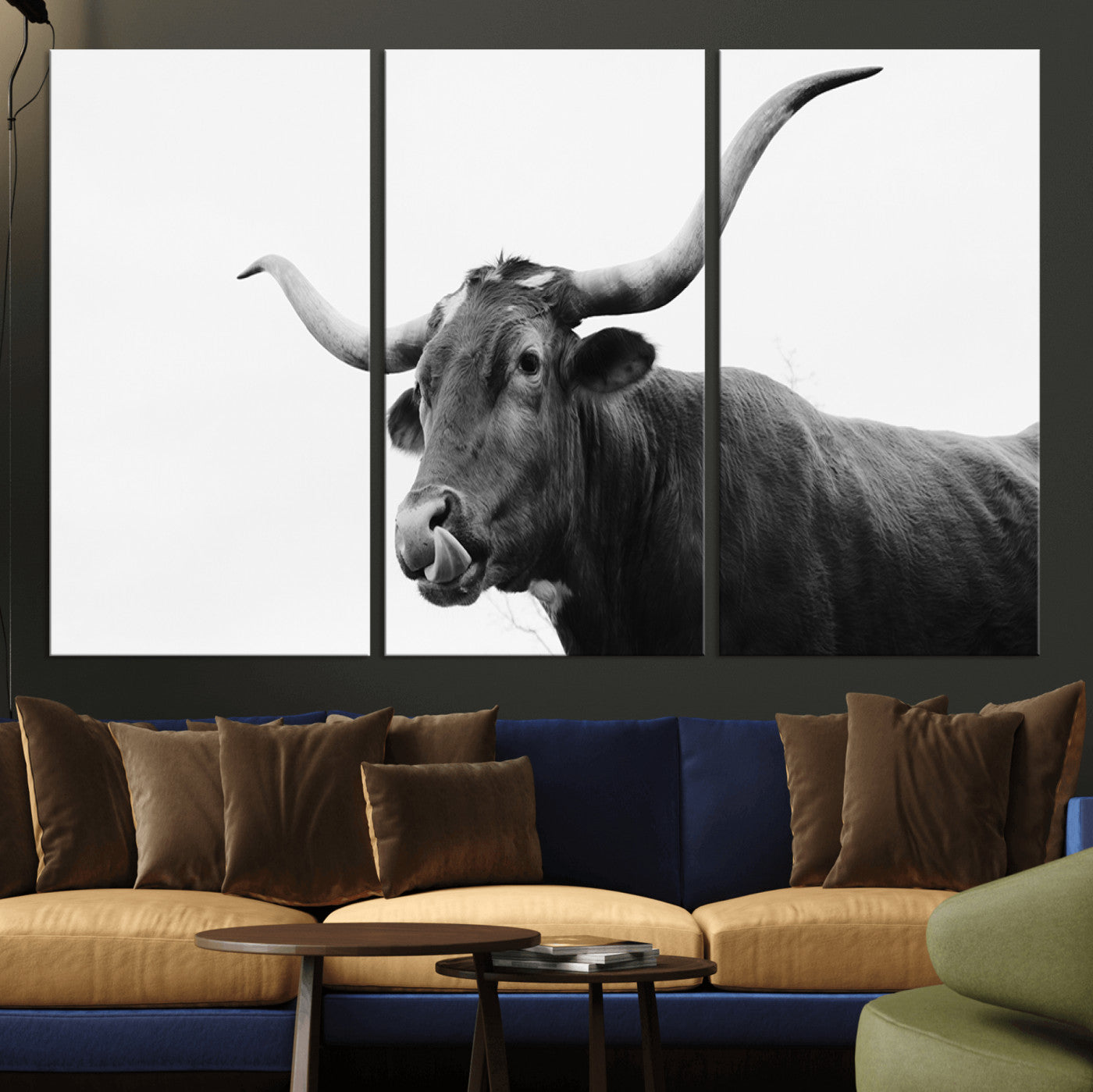 99244177-MGV-CV-36X24-Longhorn Photography Wall Art Canvas Print, Framed Western Cow Decor Art Picture Print, Black White Bull Perfect Modern Rustic