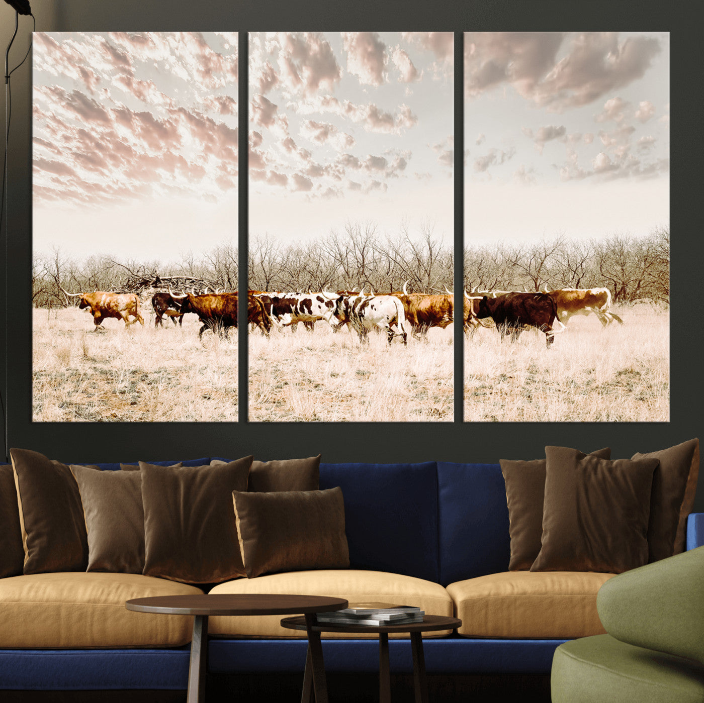 57389417-MGV-CV-36X24-Cow Herd Photography Wall Art Canvas Print, Framed Rustic Farmhouse Decor Art Picture Print, Western Ranch Style Perfect Rustic