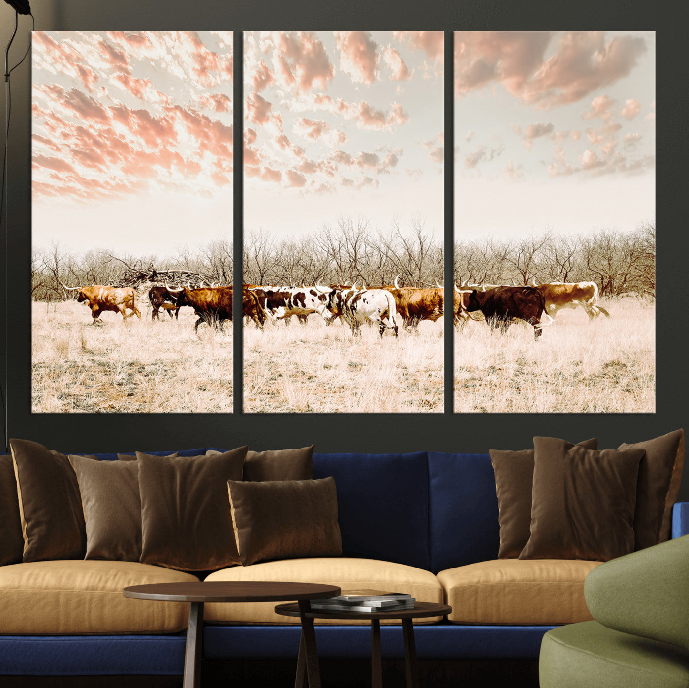 43704663-MGV-CV-36X24-Country Cow Herd Wall Art Canvas Print, Framed Farmhouse Cattle Scene Art Picture Print, Rustic Ranch Decor Perfect Rustic