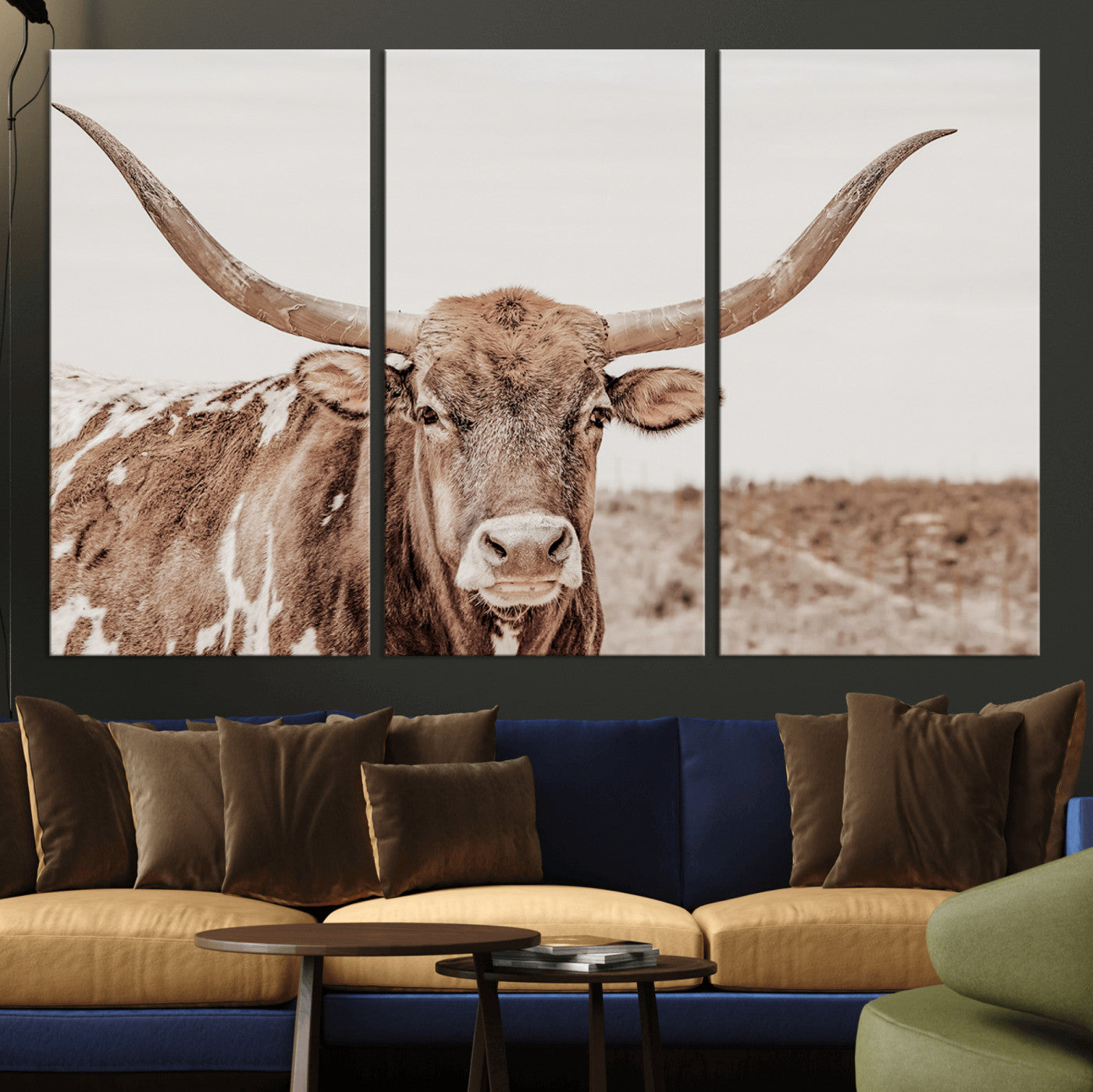 77810049-MGV-CV-36X24-Longhorn Bull Photo Wall Art Canvas Print, Framed Rustic Cow Decor Art Picture Print, Neutral Farmhouse Style Perfect Rustic