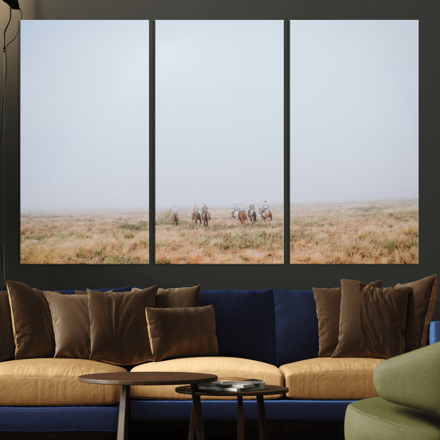 14761944-MGV-CV-36X24-Foggy Plains Wall Art Canvas Print, Framed Horseback Riders Art Picture Print, Rustic Western Perfect Rustic Western Decor Artwork