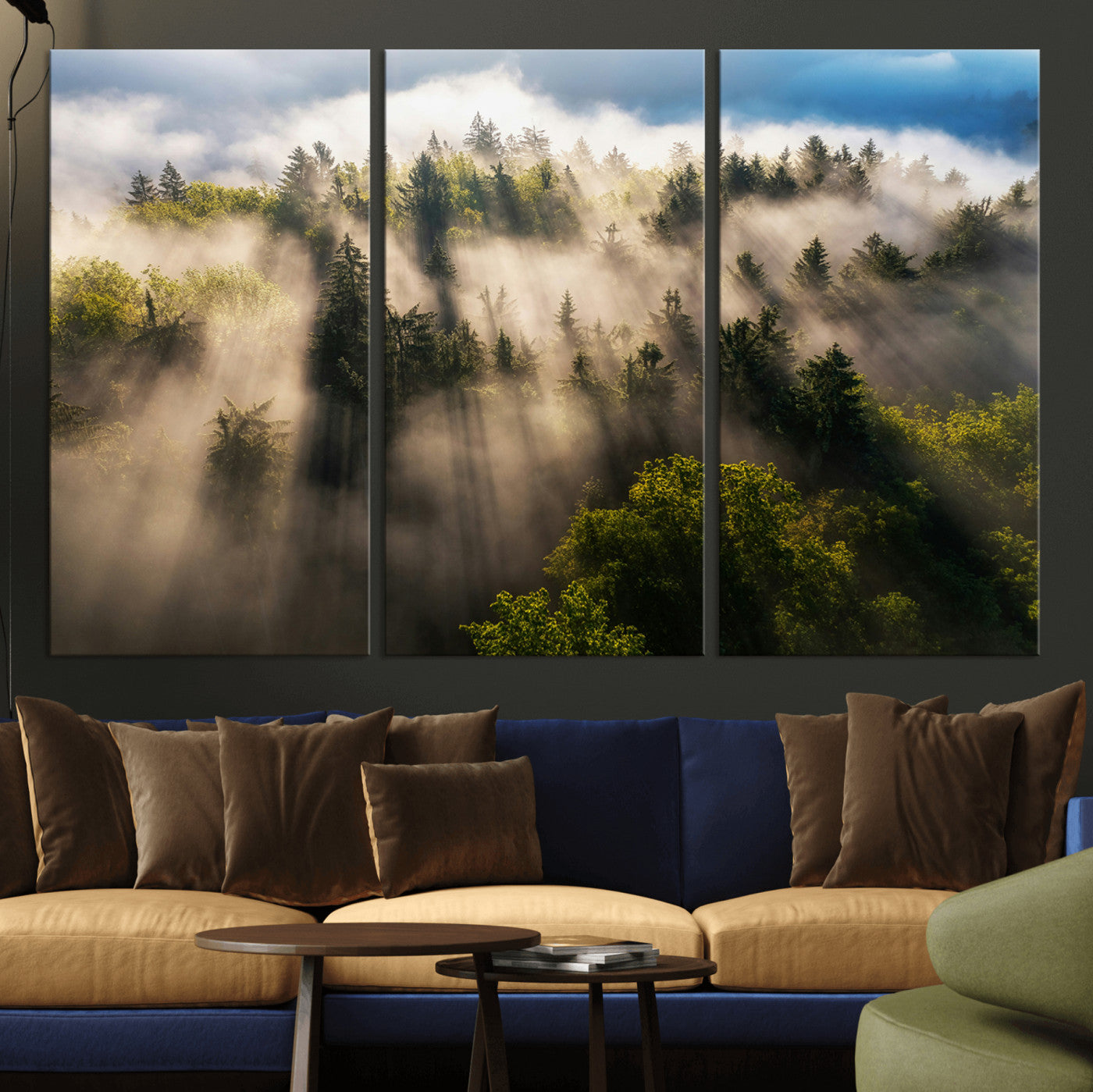 14785710-MGV-CV-36X24-Tranquil Forest Scene Wall Art Canvas Print, Framed Sunbeam Through Trees Art Picture Print, Moody Green Wall Art Perfect