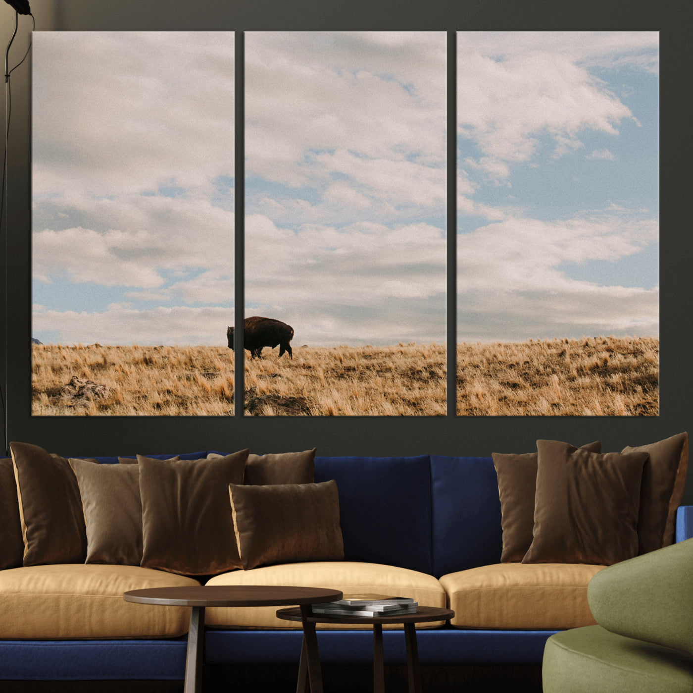 22754563-MGV-CV-36X24-Earthy Tones Wall Art Canvas Print, Framed Rustic Nature Art Picture Print, Solitary Buffalo Perfect Western Minimalist Decor