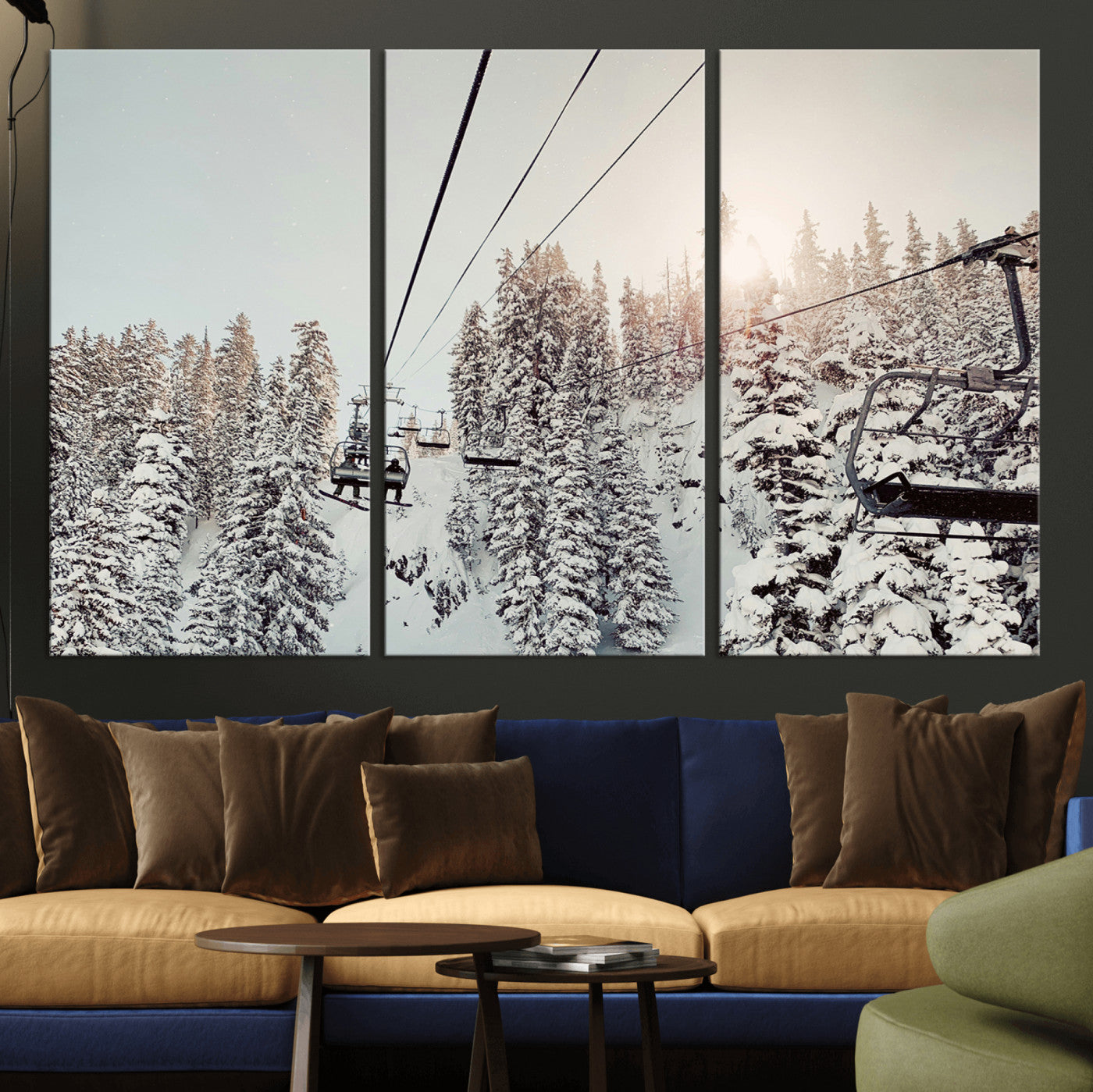 91534512-MGV-CV-36X24-Frosty Pines Wall Art Canvas Print, Framed Cozy Cabin View Art Picture Print, Ski Lift Ride Perfect Rustic Lodge Decor Artwork