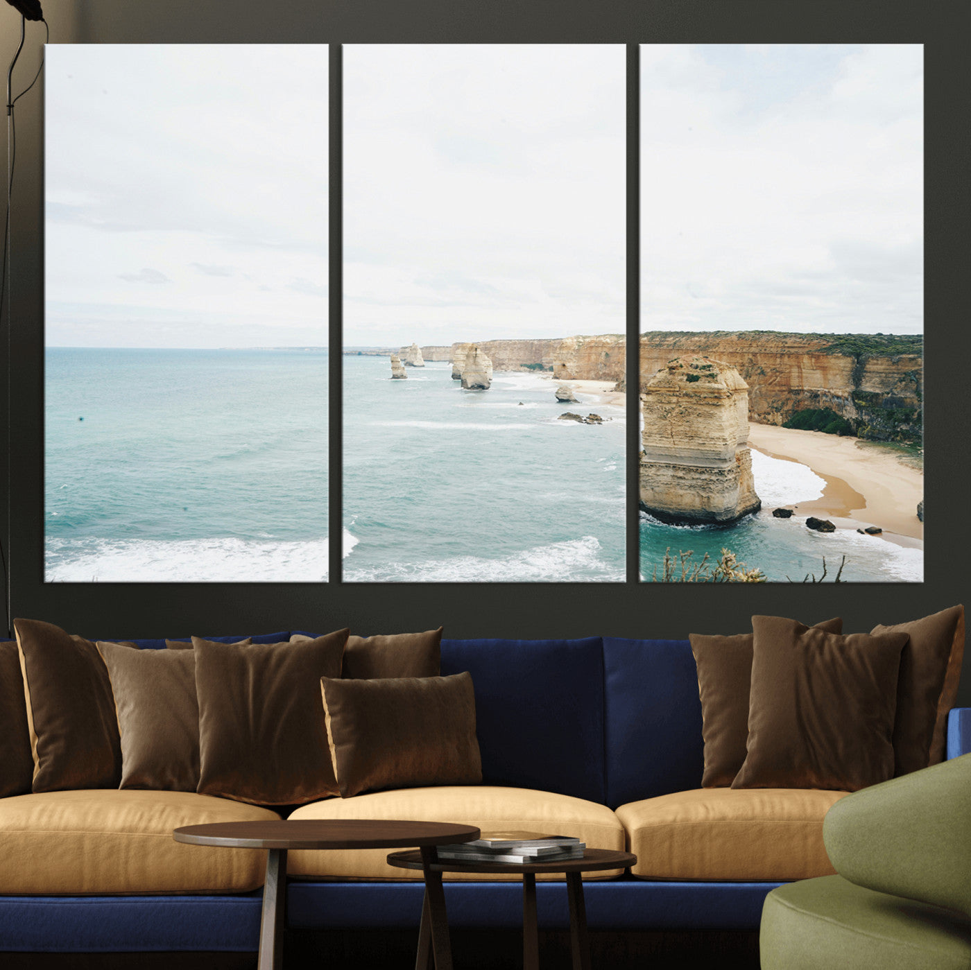 70095633-MGV-CV-48X32-3P-Twelve Apostles Wall Art Canvas Print, Framed Coastal Cliffs Art Picture Print, Rugged Rock Formations Perfect Minimalist Coastal