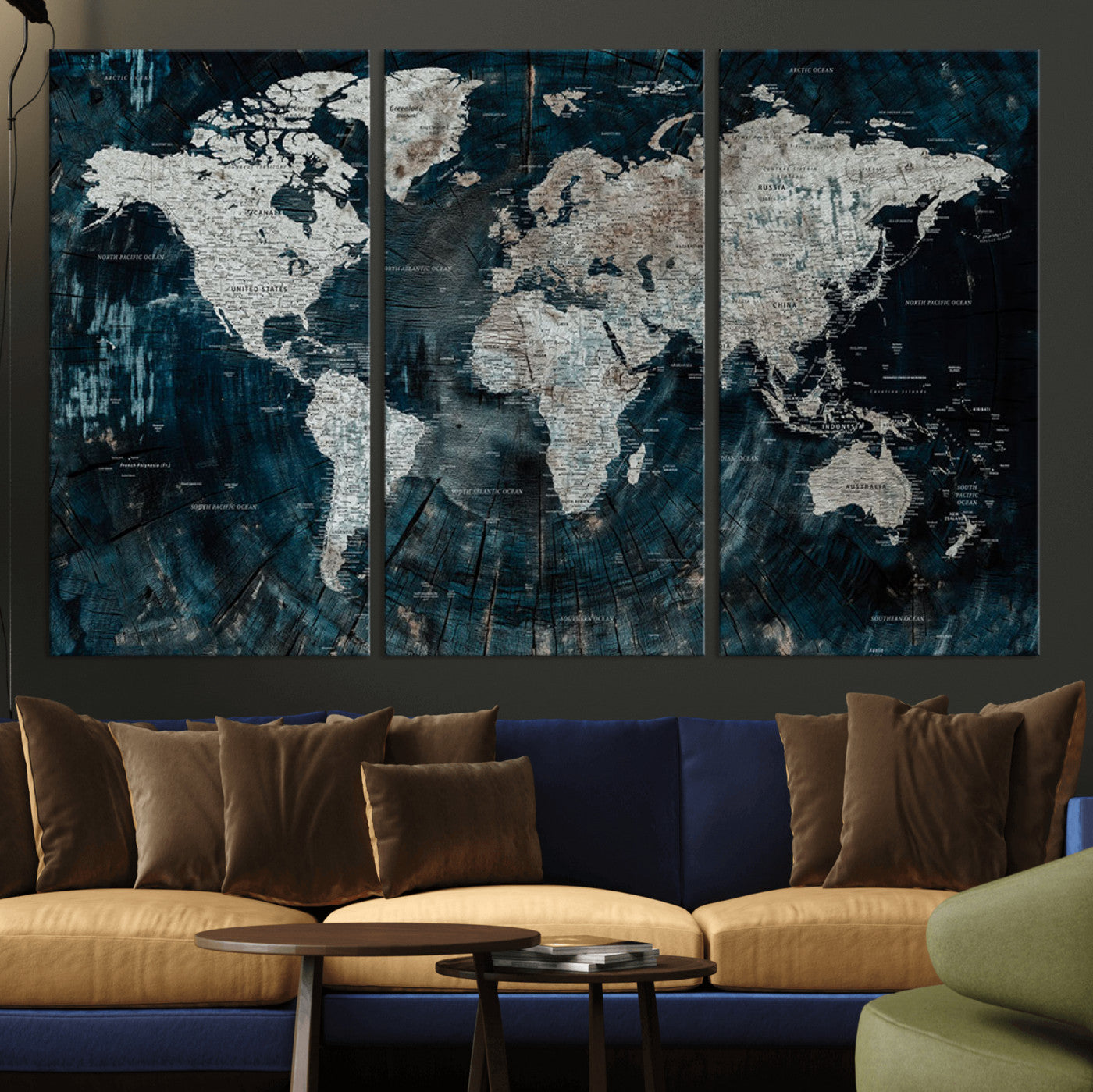 34425609-MGV-CV-36X24-World Map Wall Art – Rustic Navy and Grey Atlas Canvas Print, Distressed Explorer Map Artwork, Industrial Style Decor for Office,