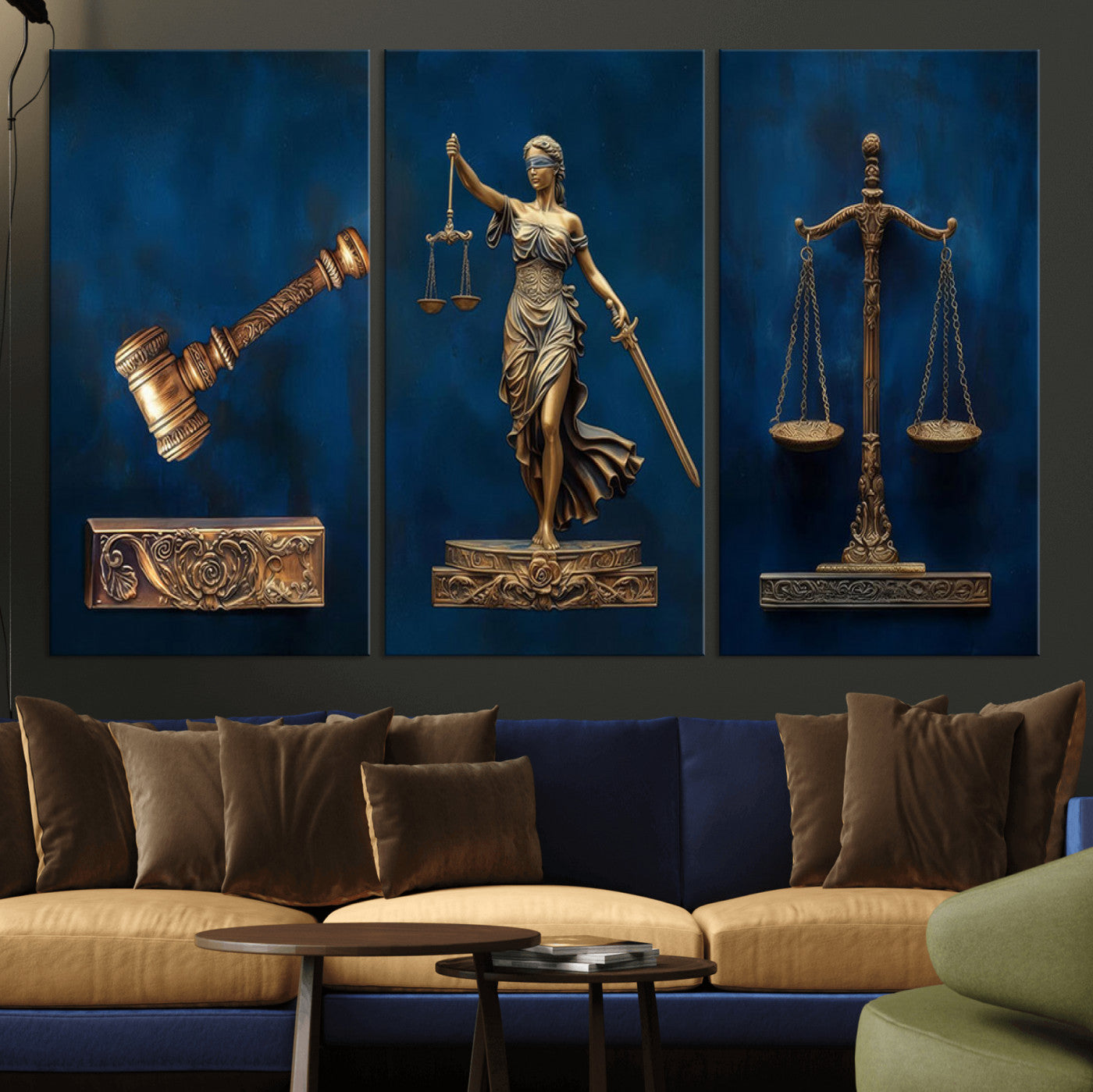 91629053-MGV-CV-36X24-Lady Justice Wall Art – Golden Gavel and Scales Canvas Print, Elegant Legal Office Decor for Lawyers, Judges, Courtroom or Study