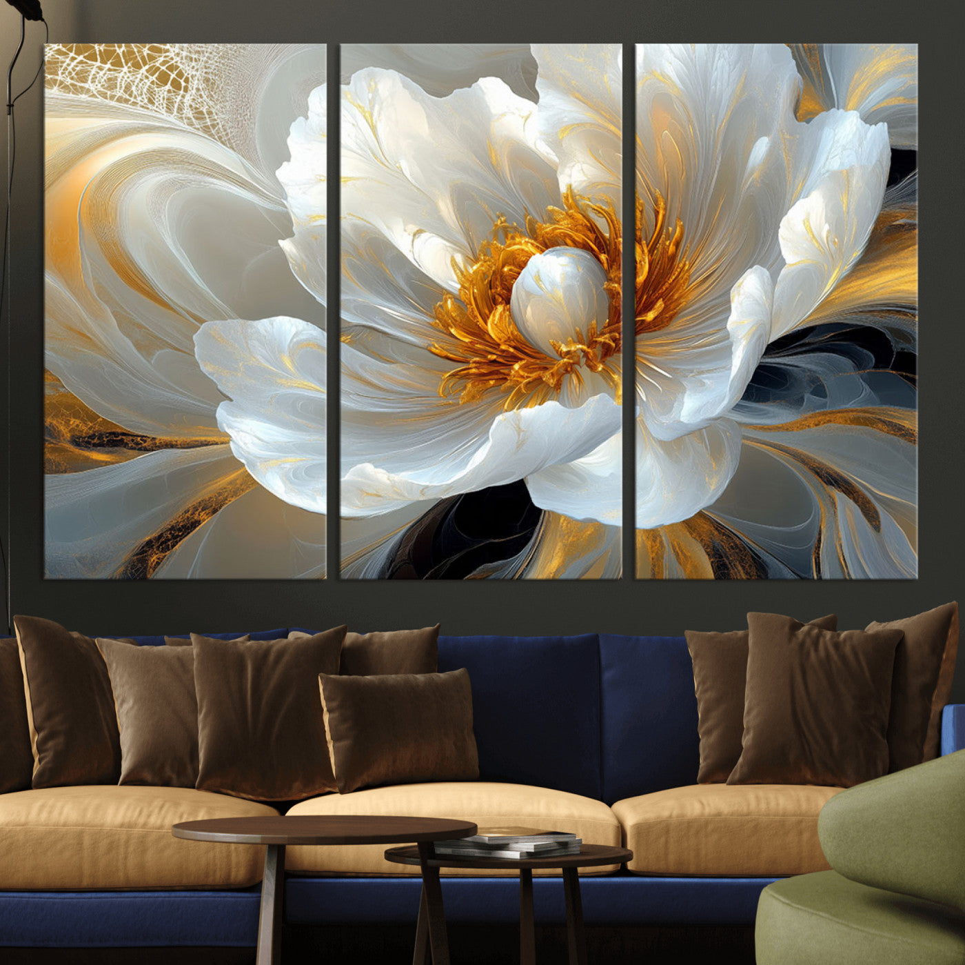 39604126-MGV-CV-36X24-Abstract Flower Wall Art – Elegant White and Gold Bloom Canvas Print, Modern Floral Artwork for Bedroom, Living Room, or Office