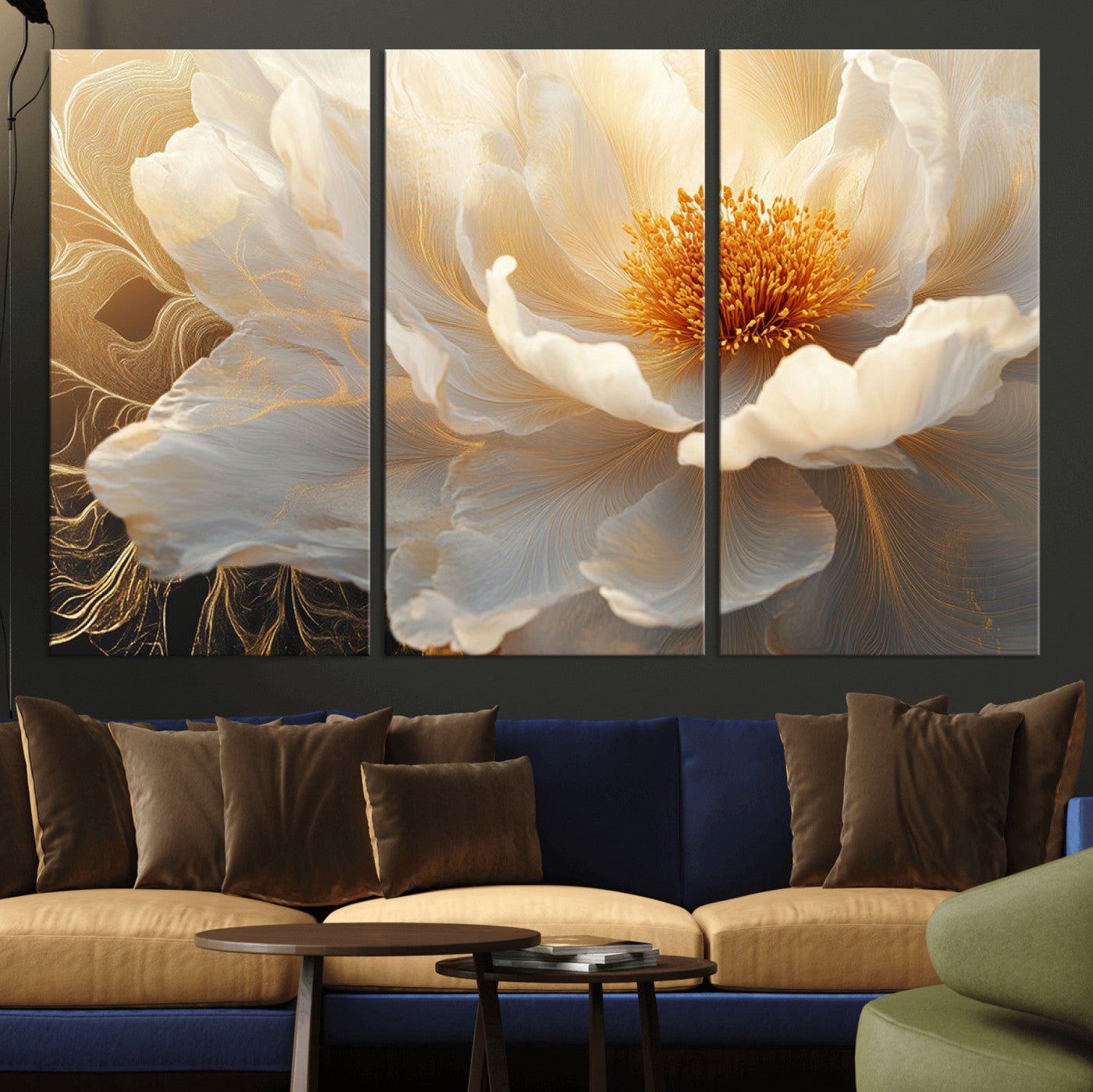 29539087-MGV-CV-36X24-Floral Wall Art – Elegant White and Gold Bloom Canvas Print, Romantic Modern Flower Artwork for Bedroom, Living Room, or Office