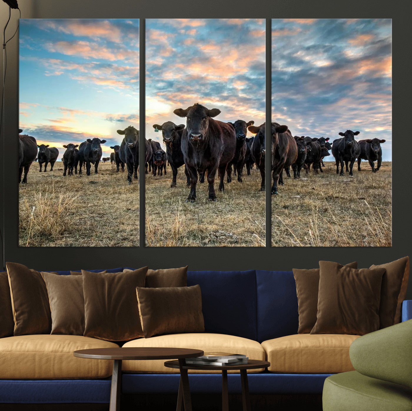 13867292-MGV-CV-36X24-Black Cattle Wall Art – Rustic Ranch Herd Canvas Print, Western Farmhouse Country Landscape Decor for Living Room, Office, or