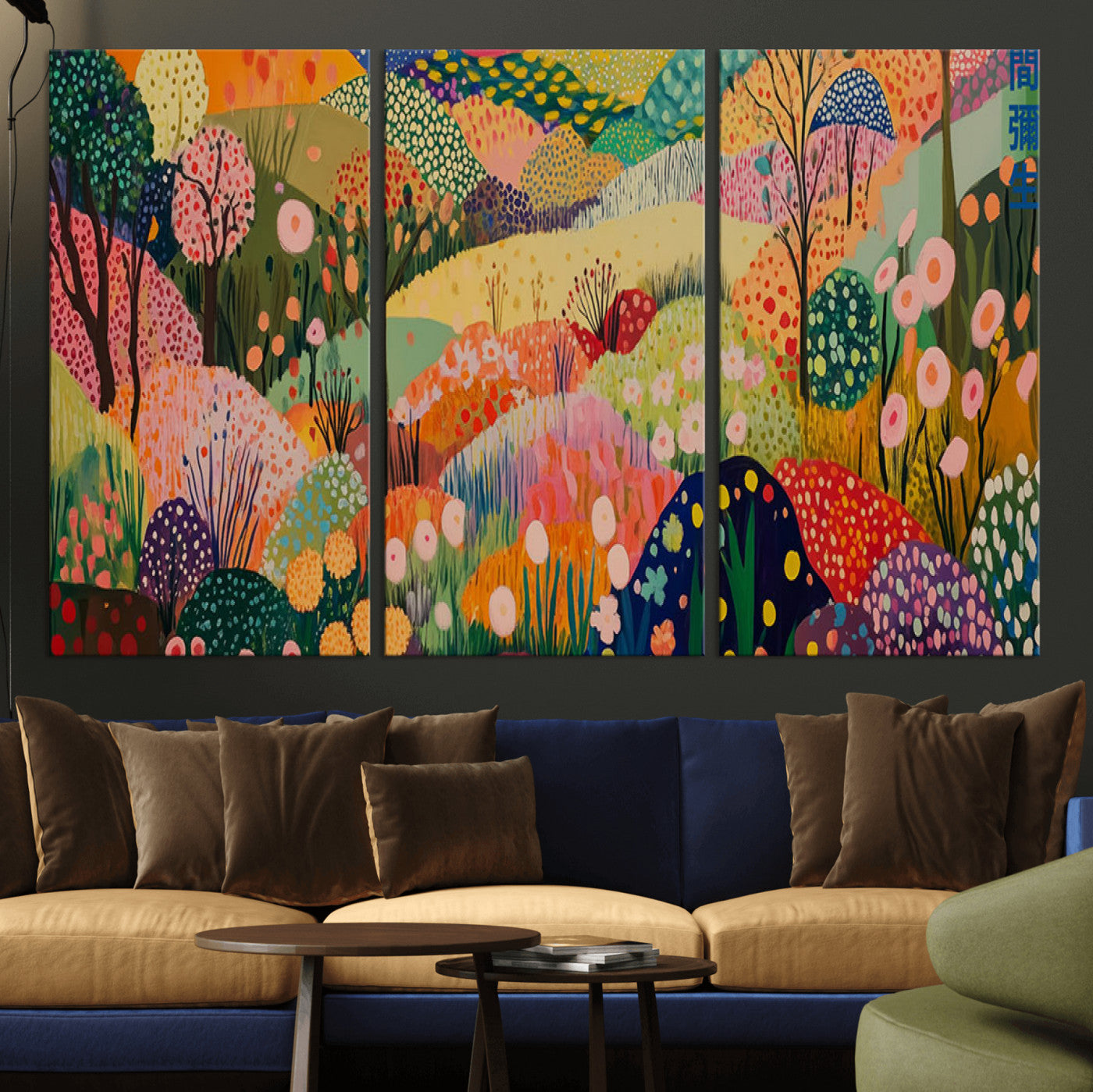 79636380-MGV-CV-36X24-Colorful Abstract Landscape Wall Art – Vibrant Hills and Flowers Canvas Print, Modern Whimsical Artwork for Living Room, Bedroom,