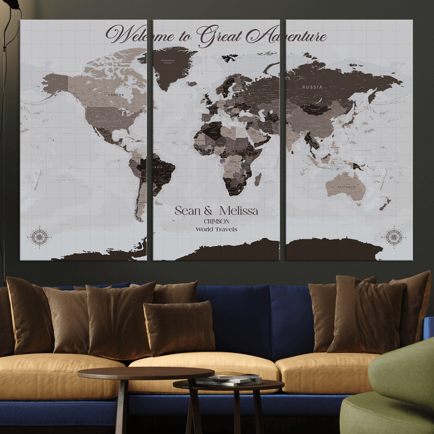 43749658-MGV-CV-36X24-Welcome to Great Adventure World Map Wall Art – Charcoal Gray Canvas Print, Rustic Travel Decor for Living Room, Study, Office or