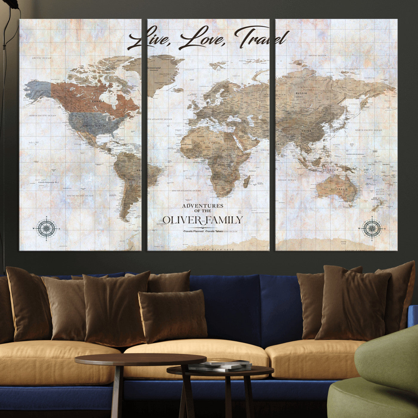 43924907-MGV-CV-36X24-Live Love Travel Wall Art – Neutral World Map Canvas Print, Rustic Adventure Decor for Home, Office or Living Room, Unique Gift