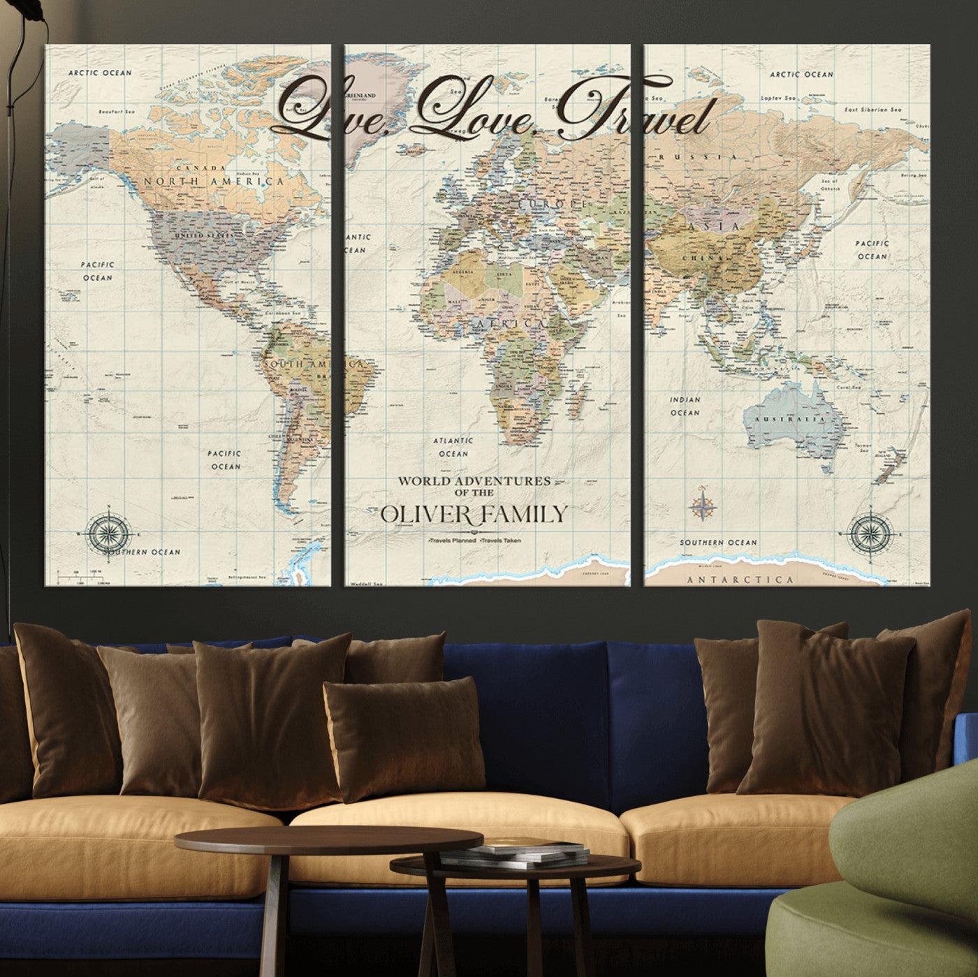 19479008-MGV-CV-36X24-Live Love Travel Wall Art – Detailed World Map Canvas Print, Adventure Decor for Living Room, Office or Bedroom, Travel Gift for
