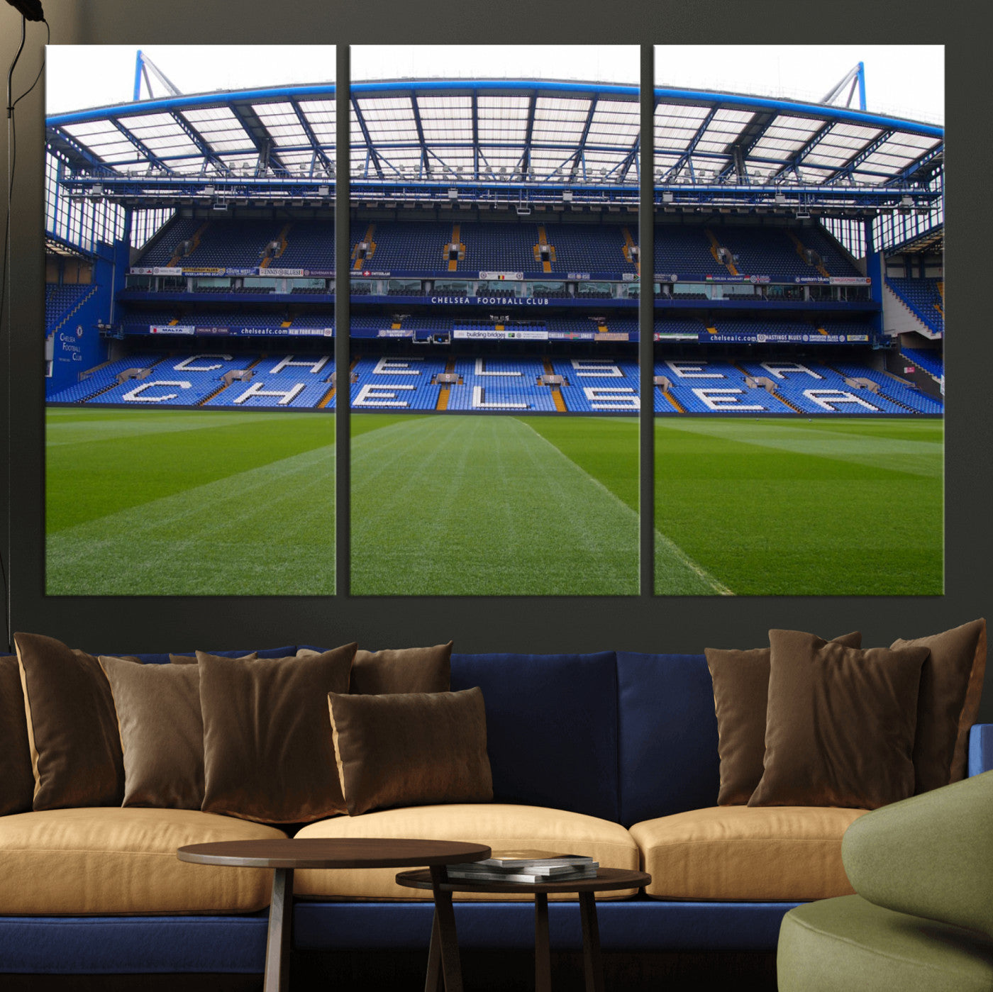 38616413CHELSA-MGV-CV-36X24-Chelsea Stadium Wall Art – Panoramic Football Field Canvas Print, Game Day Sports Decor for Living Room, Office, or Man Cave