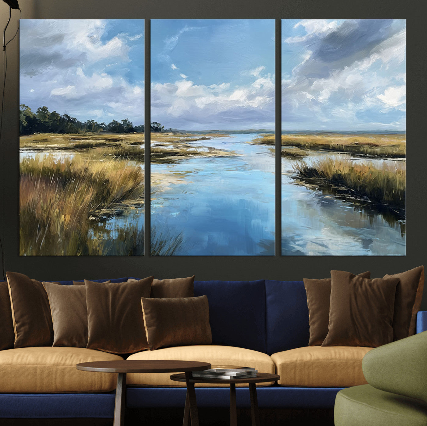 87082041-MGV-CV-36X24-Painted Marshland Canvas Wall Art – Serene Water Reflection, Blue Sky, Golden Grass Landscape, Calm Nature Decor for Home, Office,