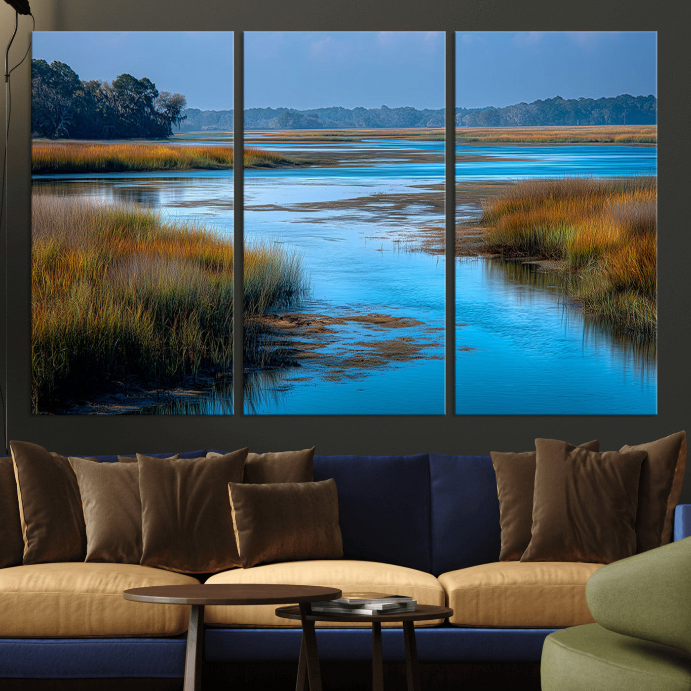 26300004-MGV-CV-36X24-Marshland Landscape Wall Art – Scenic Nature Canvas Print with Golden Grass and Blue Water, Peaceful River Photography for Living