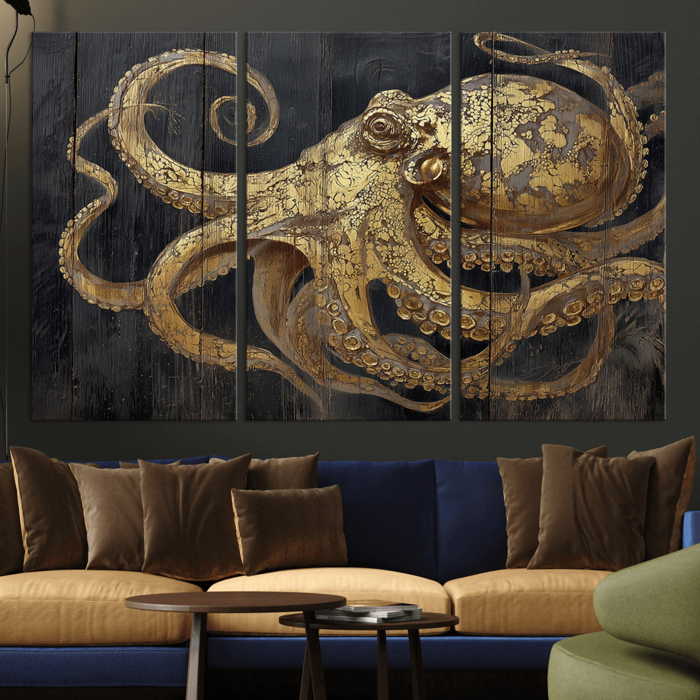 47056538-MGV-CV-36X24-Octopus Canvas Wall Art – Gold Detail, Wooden Texture, Marine Life, Ocean Creature Tentacles, Nautical Coastal Rustic Decor for