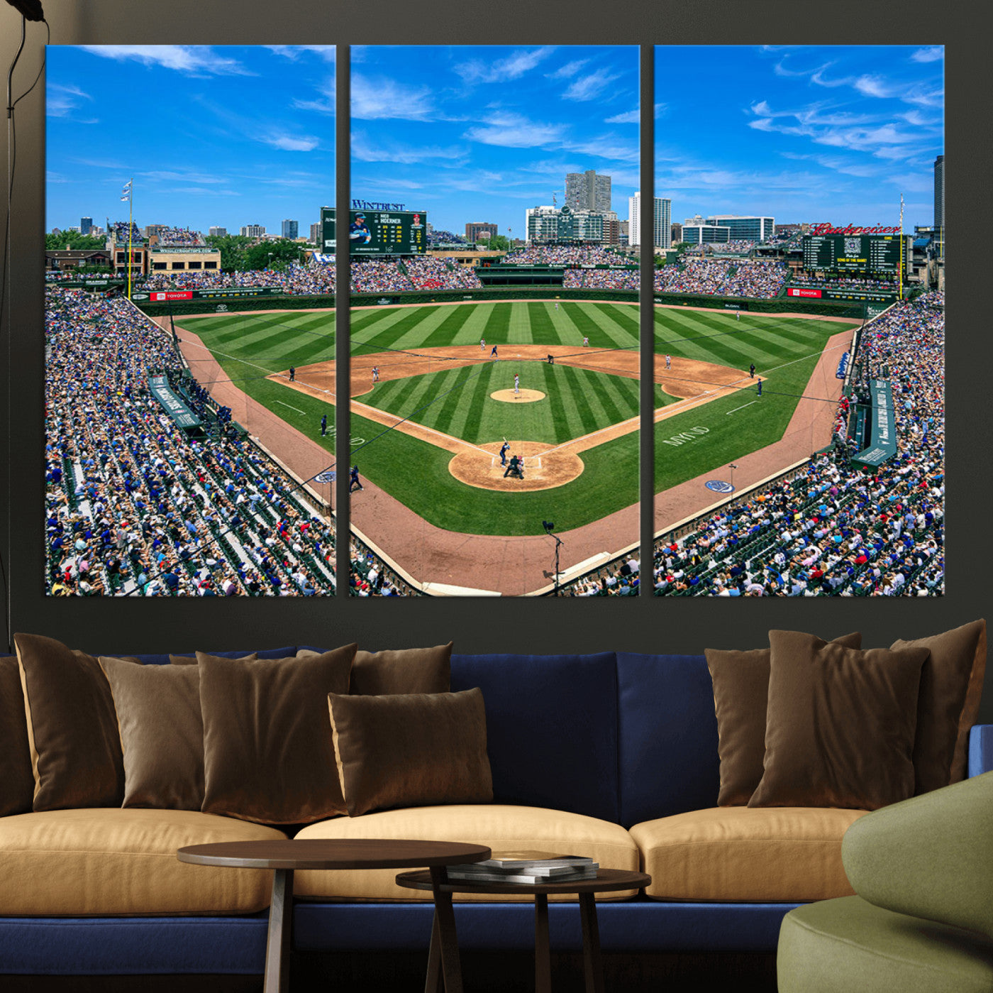 56213978-MGV-CV-36X24-Baseball Stadium Wall Art – Panoramic Ballpark Canvas Print with Fans, Green Field and City Skyline, Classic Sports Photography