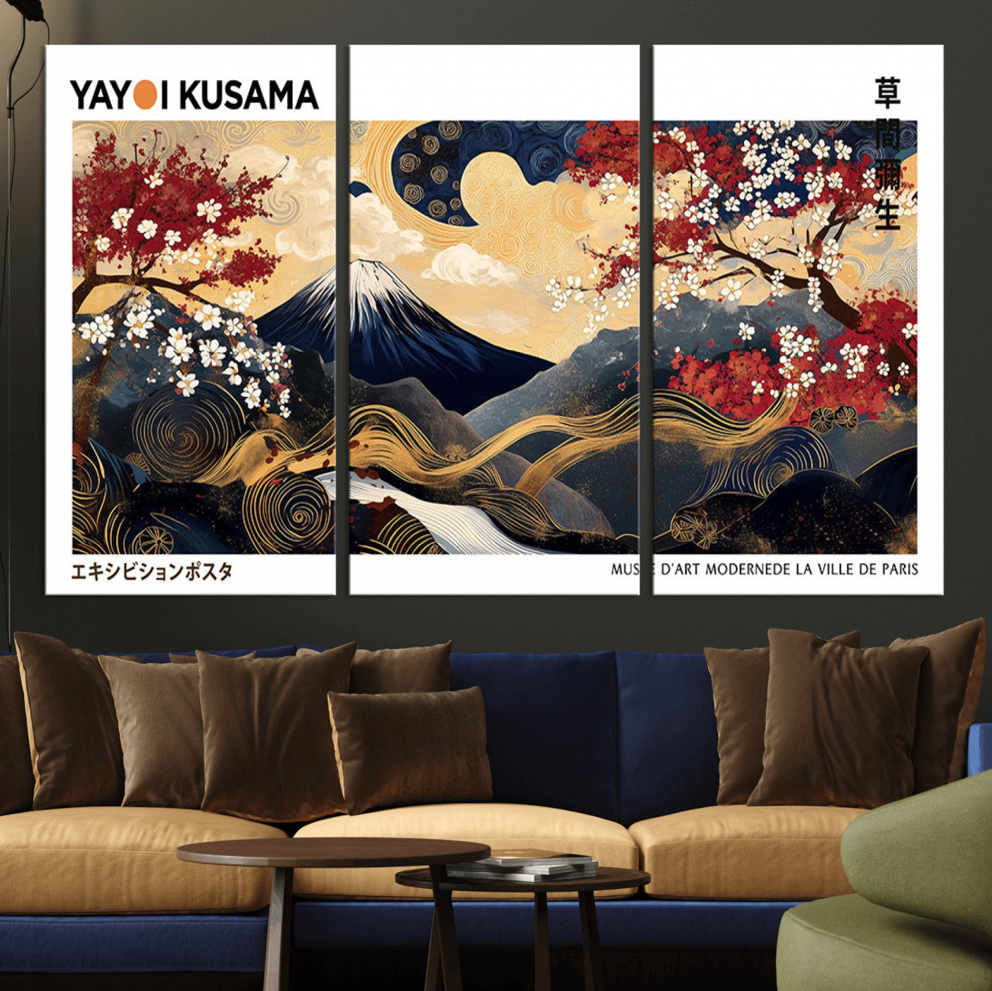28945903-MGV-CV-36X24-Yayoi Kusama Inspired Japanese Art Canvas Print – Framed Floral & Mt. Fuji Wall Decor, Modern Asian Style Canvas for Home, Office,