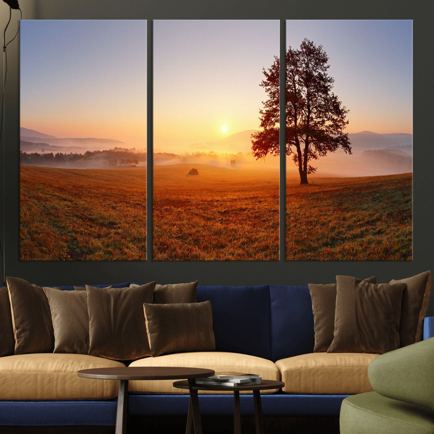 57919623-MGV-CV-36X24-Golden Sunrise Landscape Canvas Wall Art - Framed Misty Field Print, Large Nature Canvas for Living Room, Office, or Home Decor