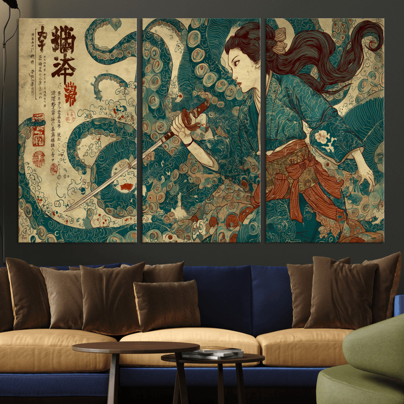 46837670-MGV-CV-36X24-Tsukioka Yoshitoshi Samurai Wall Art Print, Japanese Katana Warrior Canvas Wall Art, Octopus Sea Monster Canvas Print,