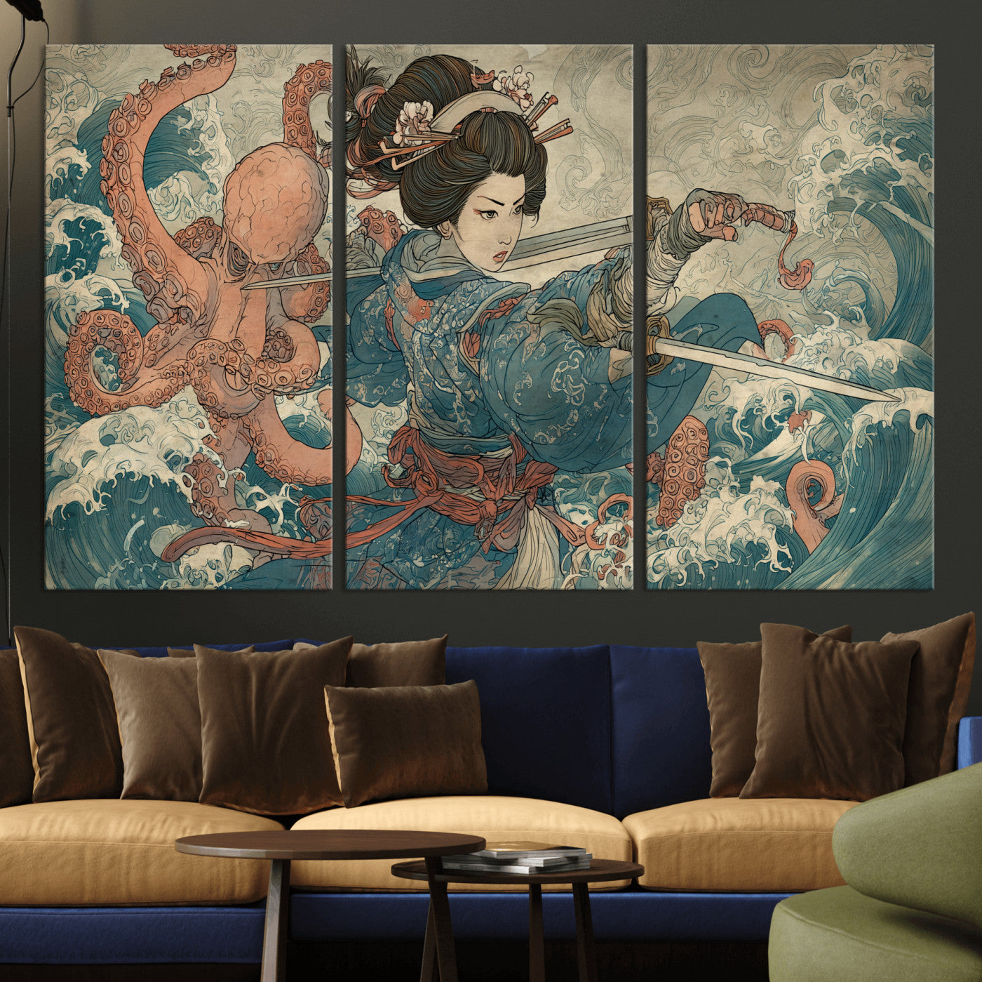 52037775-MGV-CV-36X24-Samurai Woman Wall Art – Japanese Ukiyo e Style Canvas Print with Katana, Ocean Waves and Octopus, Traditional Asian Inspired