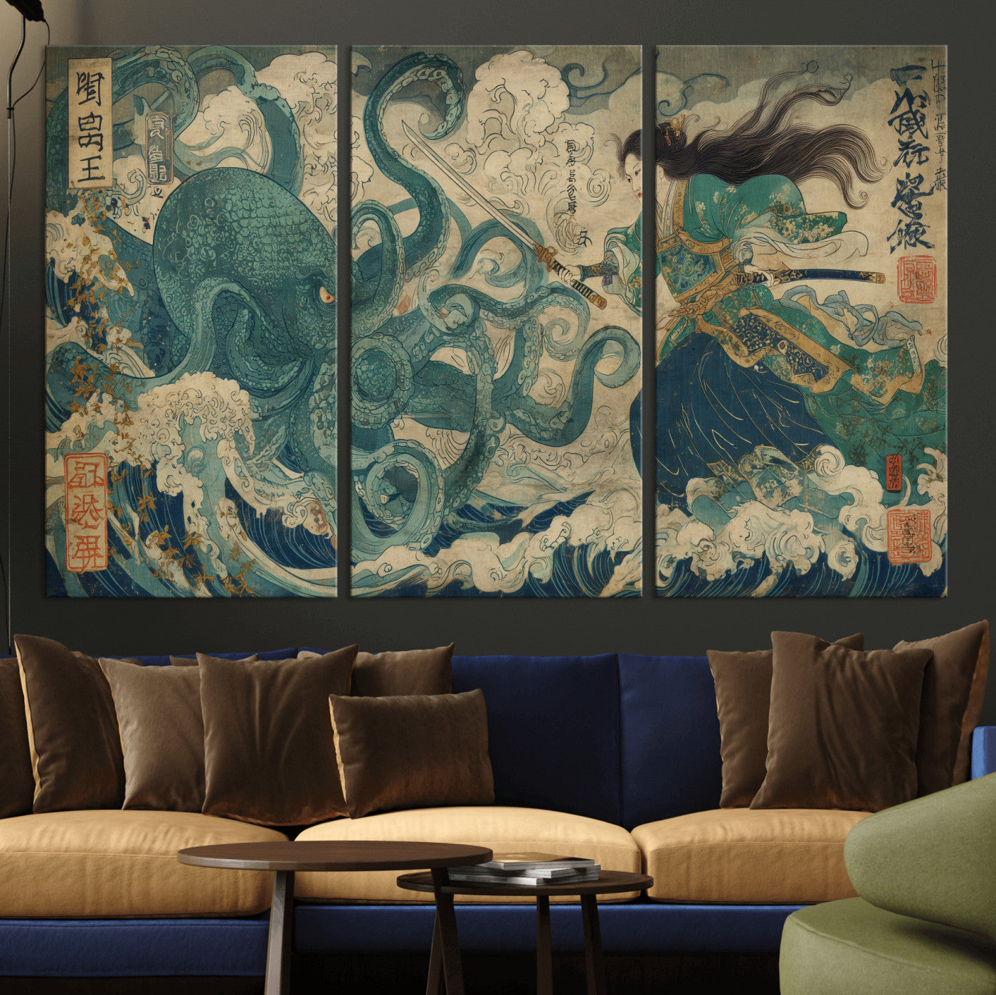 60346622-MGV-CV-36X24-Samurai Warrior vs Octopus Wall Art – Japanese Ukiyo-e Style Ocean Battle Canvas Print, Traditional Samurai Artwork for Living