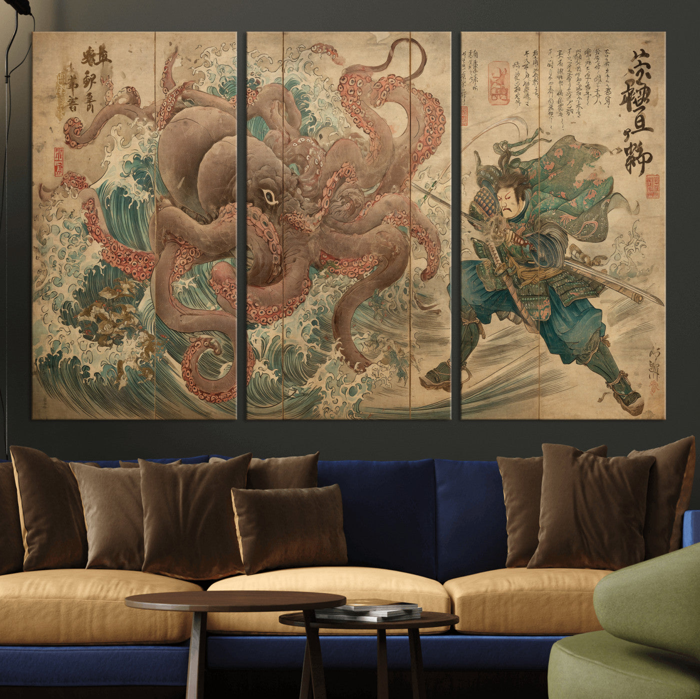 63782167-MGV-CV-36X24-Tsukioka Yoshitoshi Samurai Wall Art Print, Japanese Katana Warrior Canvas Wall Art, Octopus Sea Monster Canvas Print,